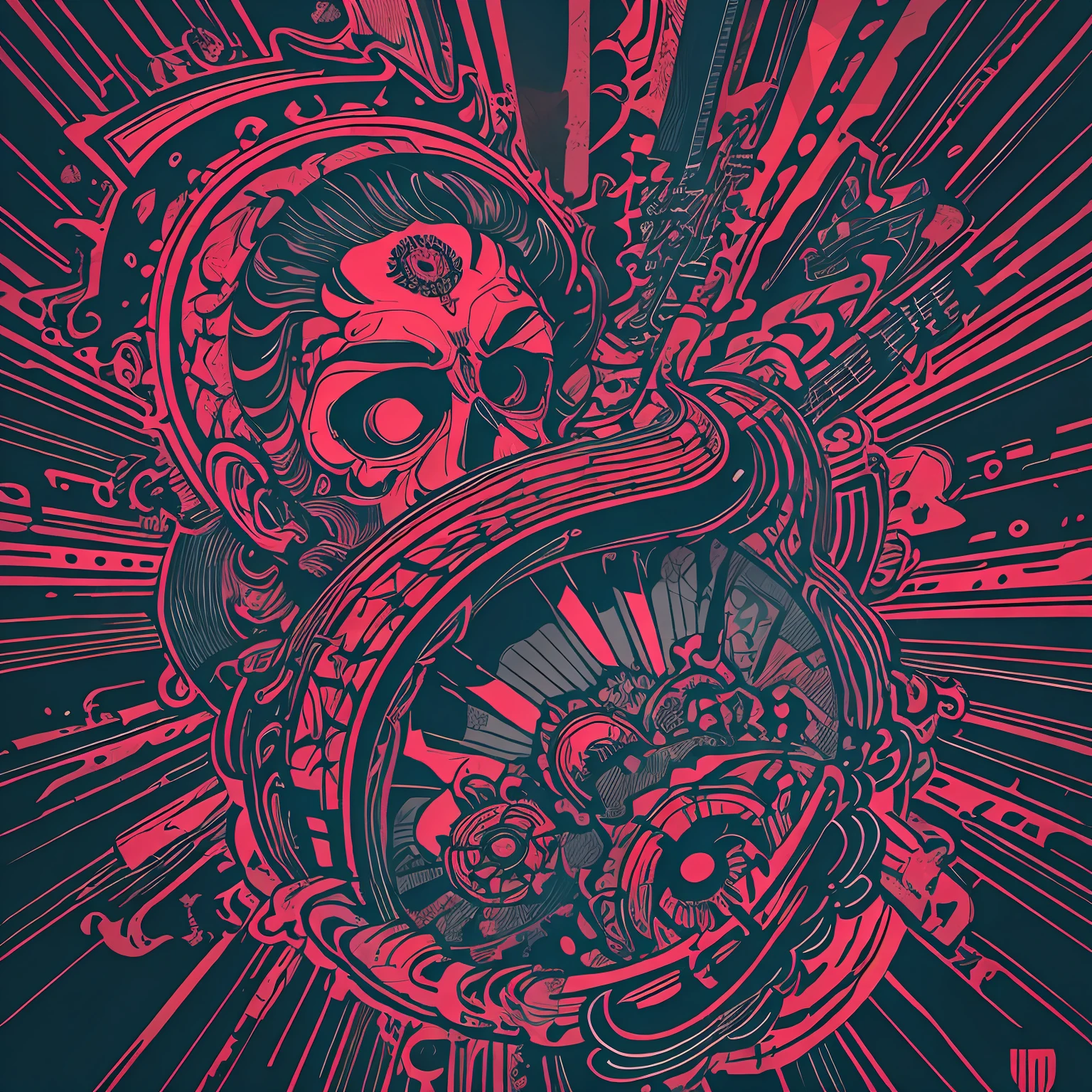 T-shirt art, 2D, ((black background: 1, 5)), vector, vivid colors, guitar punk, punk style, dystopian stage, masterpiece, best quality, intricate details, perfect symmetrical face, rim light, moonlight , cinematic shading, Greg Rutkowisk