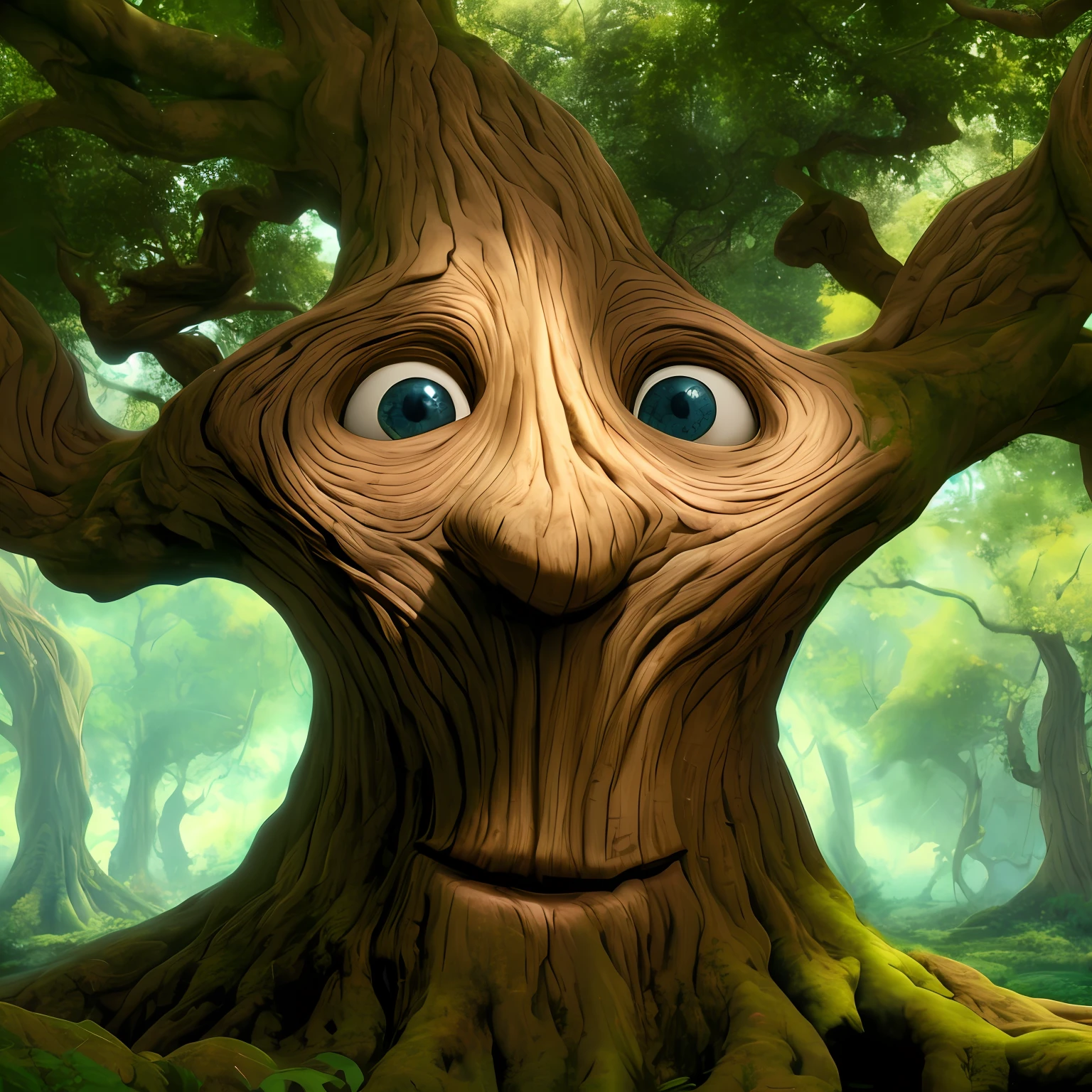 a close up of a tree with a face made out of it, Mas, Trees with faces, forest with trees with faces, Treant, Happy trees, of an evil tree wizard, fantasy tree, oak but tree, estilo de arte humblewood, criatura fofa da floresta, na forma de um otorrinolaringologista, the trees are angry, magic tree, Mass, Complete magic tree