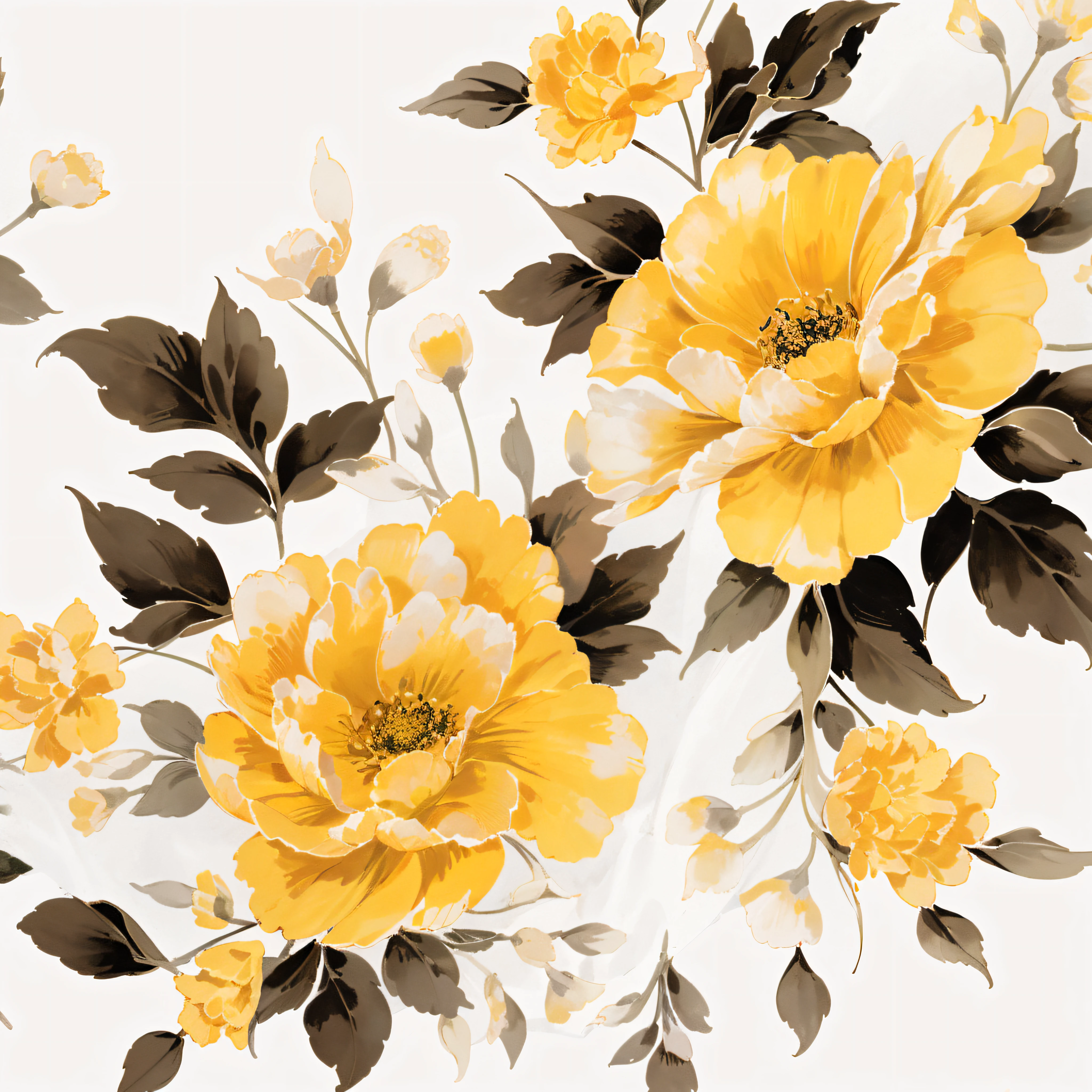 yellow and black flowers on a white background with leaves, marigold background, flower background, golden flowers, yellow flowers, with yellow flowers around it, background full of brown flowers, large opaque blossoms, floral design, gold flowers, background natural flower, flower, surrounded flower, brown flowers, elegant flowers, flowers background, flowing realistic fabric, floral painted backdrop