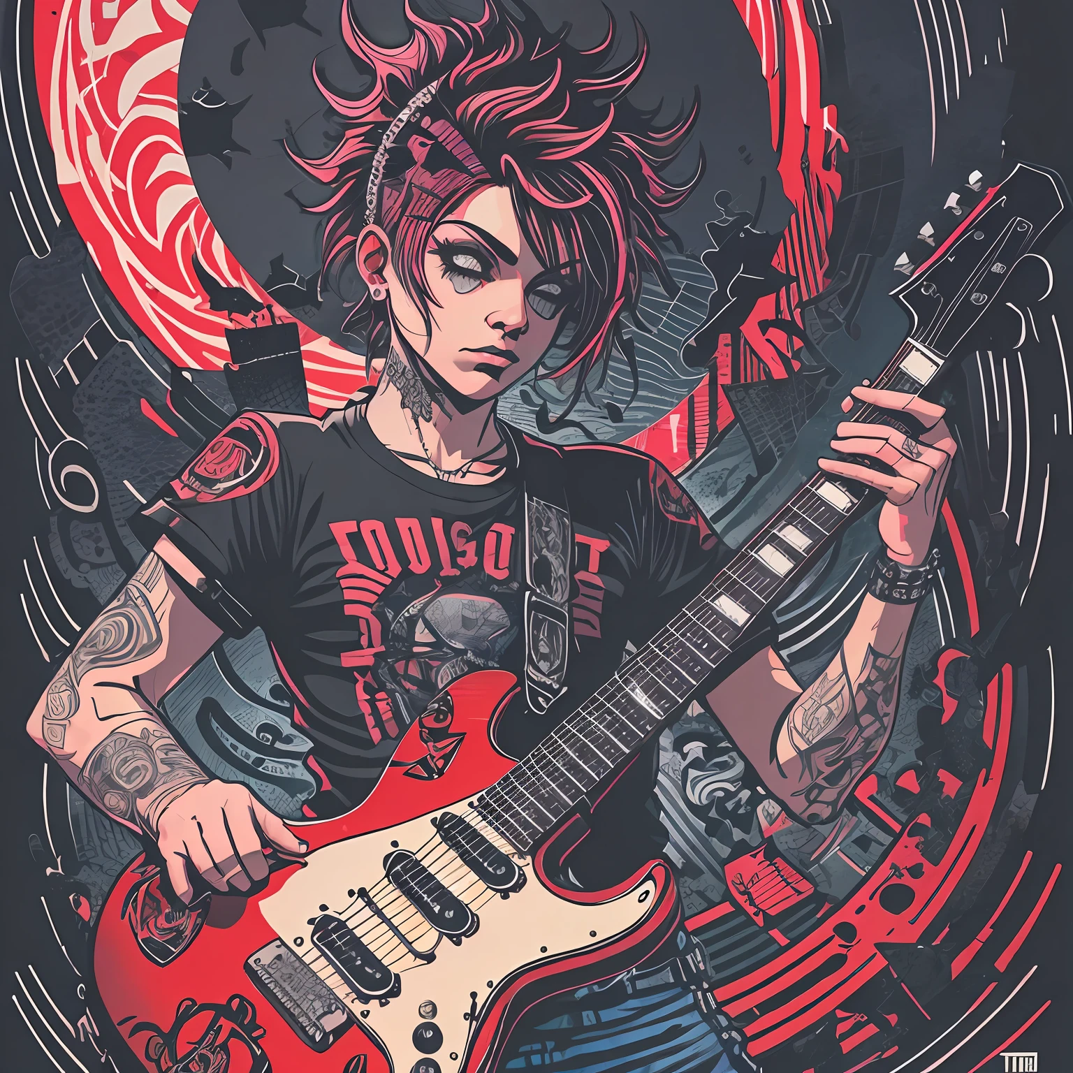 T-shirt art, 2D, ((black background: 1, 5)), vector, vivid colors, guitar punk, punk style, dystopian stage, masterpiece, best quality, intricate details, perfect symmetrical face, rim light, moonlight , cinematic shading, Greg Rutkowisk