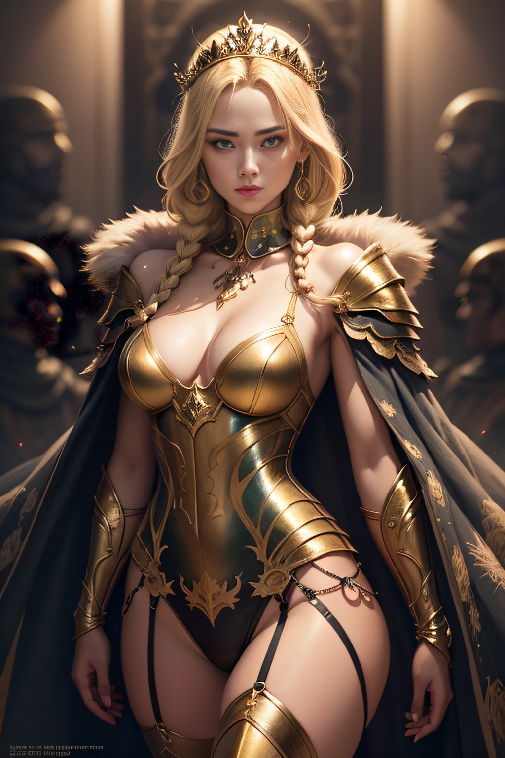 Blonde haired woman with braids, (medieval punk green neckline armor). Bright chrome gold lingerie with sharp reflections. Gems. Bare shoulders. (tiara). Low muscle definition. Beautiful legs. Bare shoulders visible. Detailed lighting. Artwork. Extreme beauty. Clothing with intense colored gradient effect. Professional image with high saturation. Professional camera. Illustration. Vibrant colors. vibrant yellow eyes, thin, fur cape, bright golden eyes, symmetry, intense look, black details on clothes, golden aura