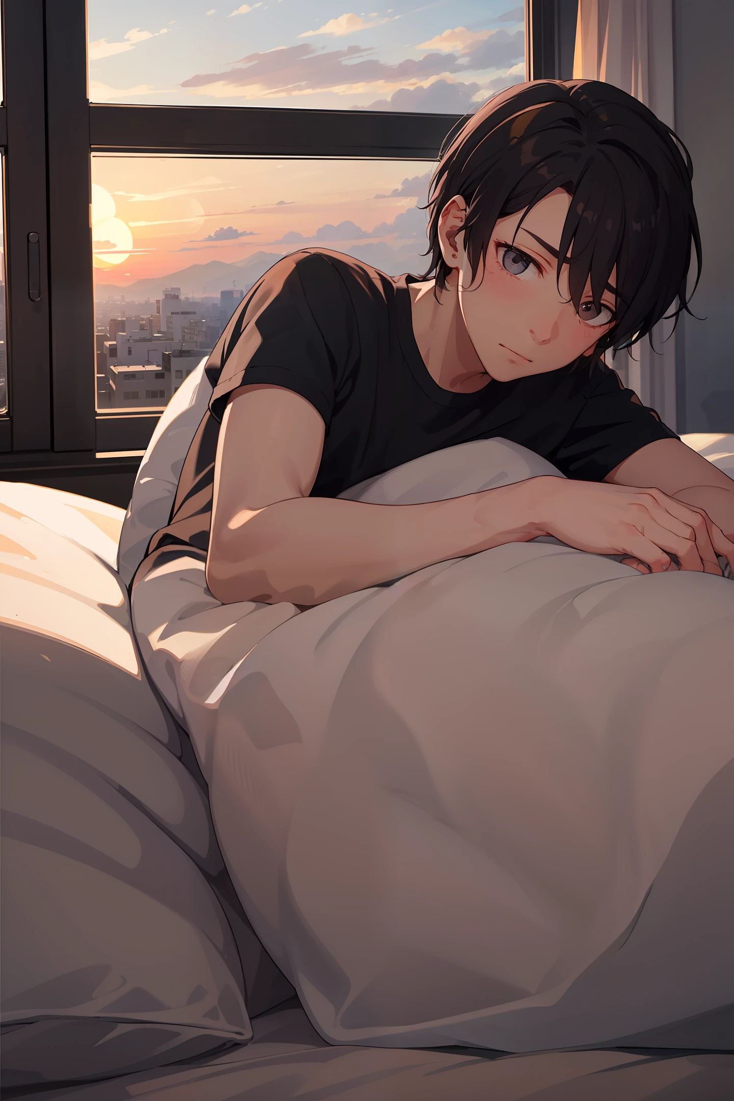 Make a sad boy lying in bed, with the sunset appearing behind the window, modo realista