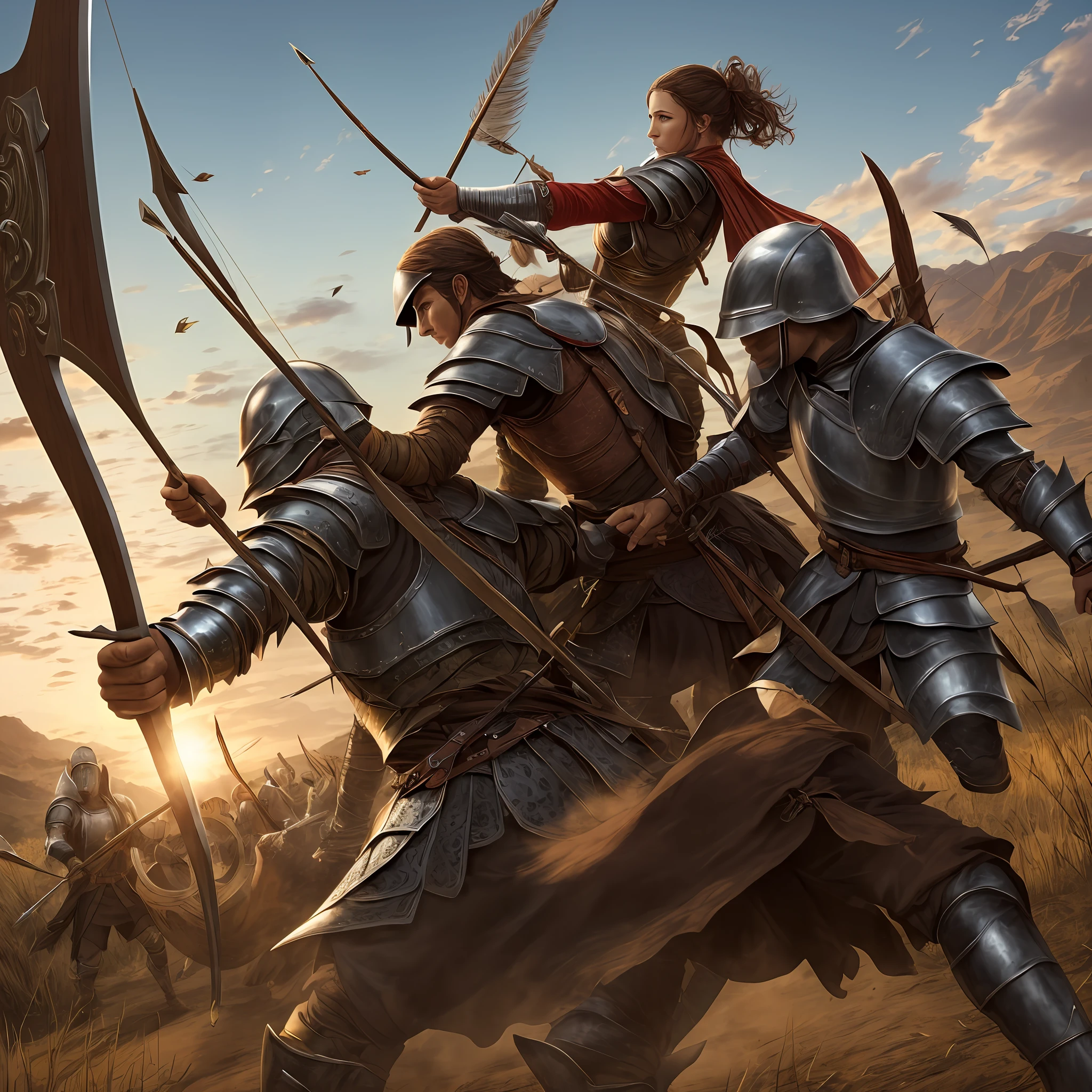 a human warrior in armor defending a peasant woman from an arrow with his shield --auto