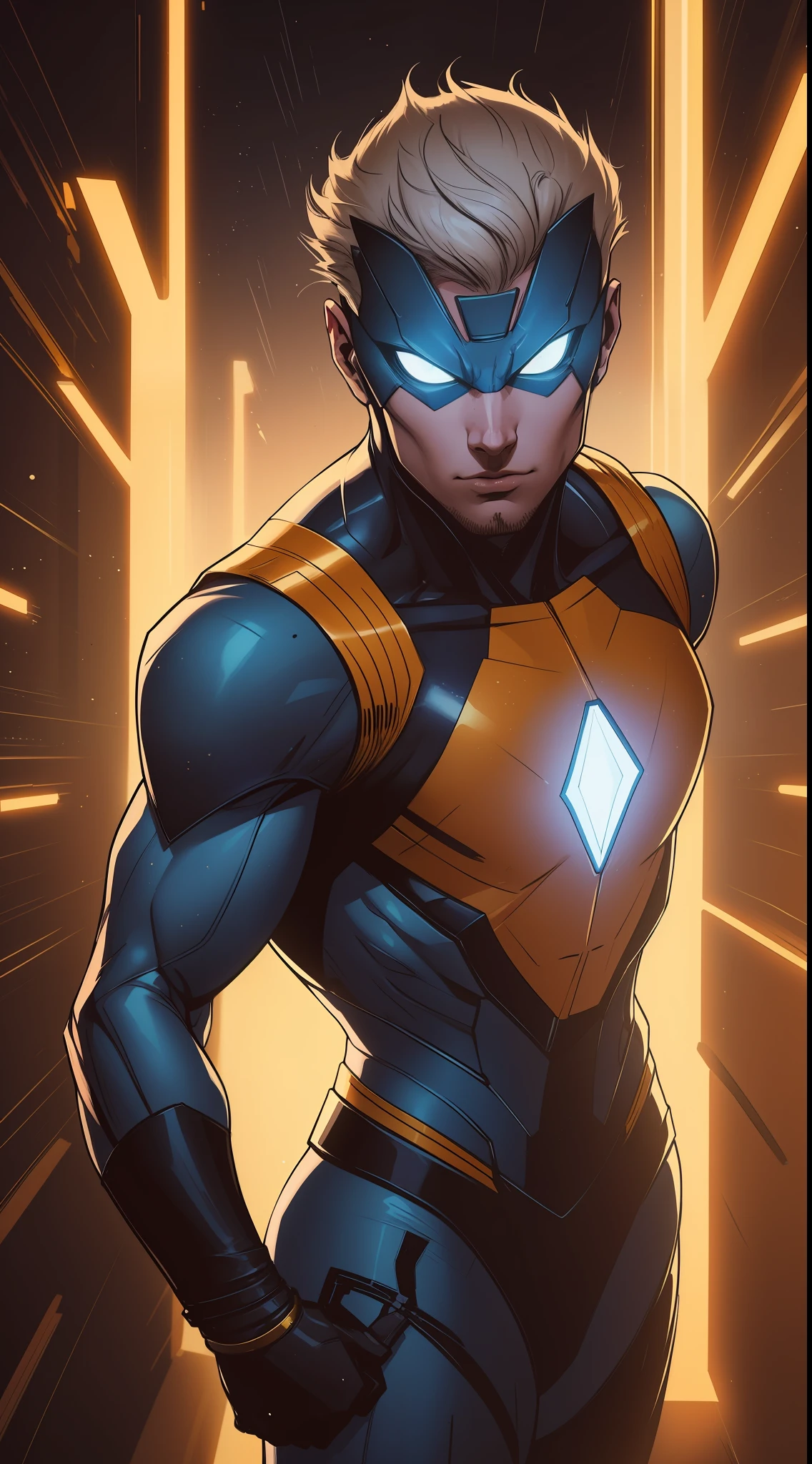 Nexus is a superhero with a youthful and athletic appearance, com cabelos escuros e olhos expressivos. He wears a futuristic technological suit, com tons de azul e prateado, que se ajusta perfeitamente ao seu corpo e possui detalhes luminosos, reflecting your connection to dimensions.