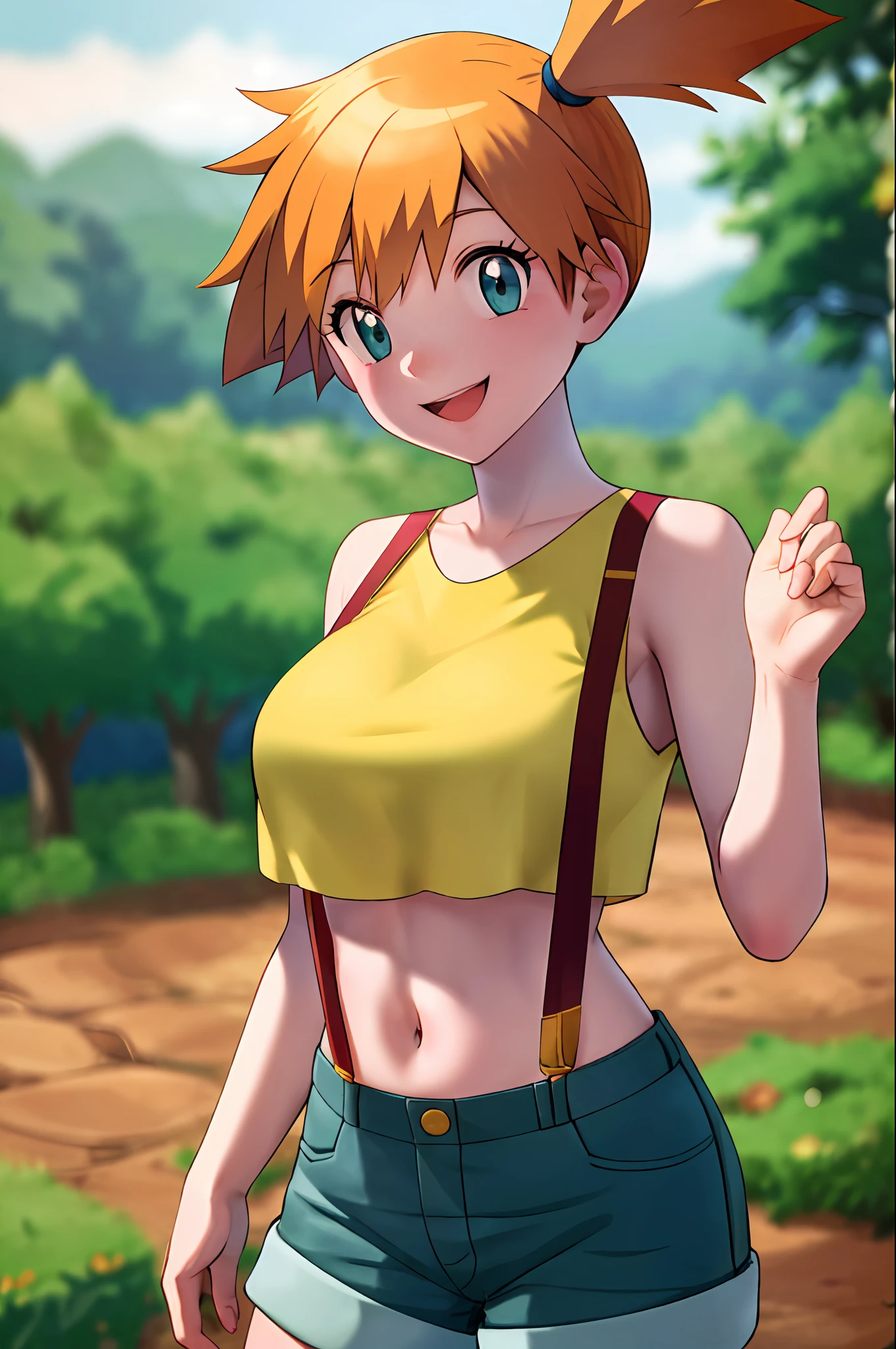 masterpiece, best quality, highres, 1girl, misty (pokemon), orange hair, solo, shorts, suspenders, side ponytail, orange hair, midriff, yellow crop top, navel, short hair, denim, denim shorts, large breasts, smile, cowboy shot, standing, outdoors,