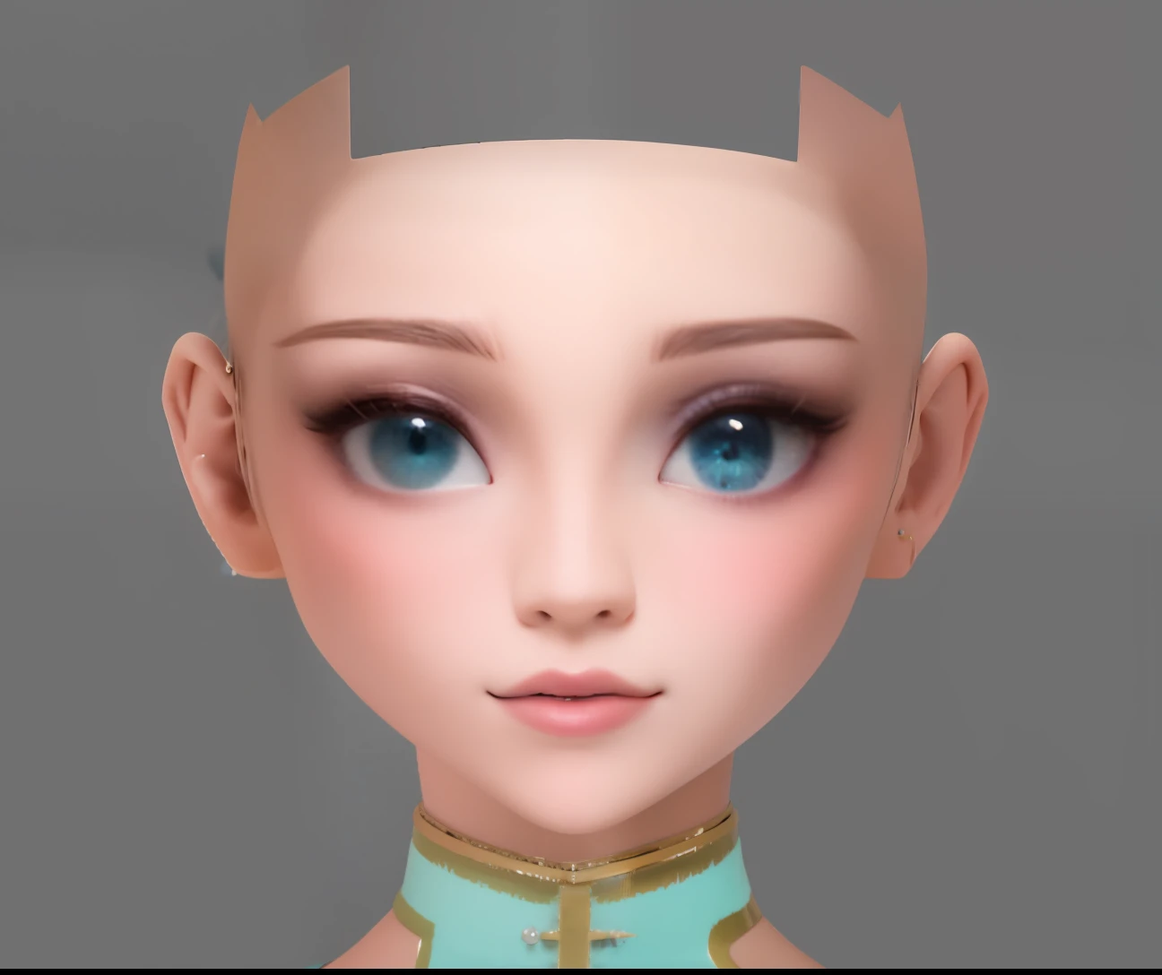 Anime avatar of a girl with a green collar and a blue necklace, anime styled 3d, high detailed face anime, detailed anime soft face, close up character, Pointy face and green eyes,, made with anime painter studio, Stylized anime, Anime Stylization, render of a cute 3d anime girl, upper body 2d game avatar