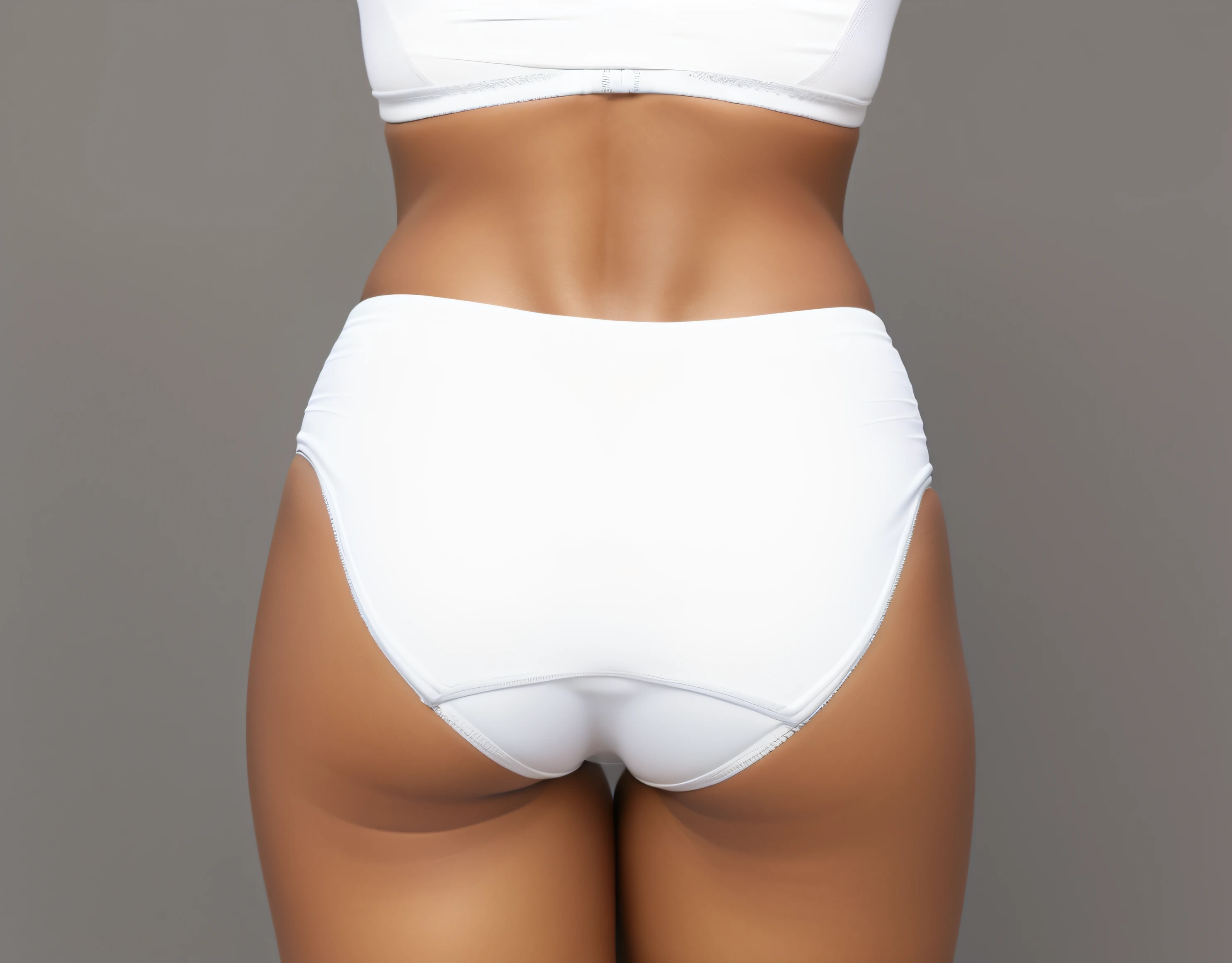 Curvy Black woman, white sports bra, and white cotton fullback panties, in front of grey screen, photo realistic, intricate details