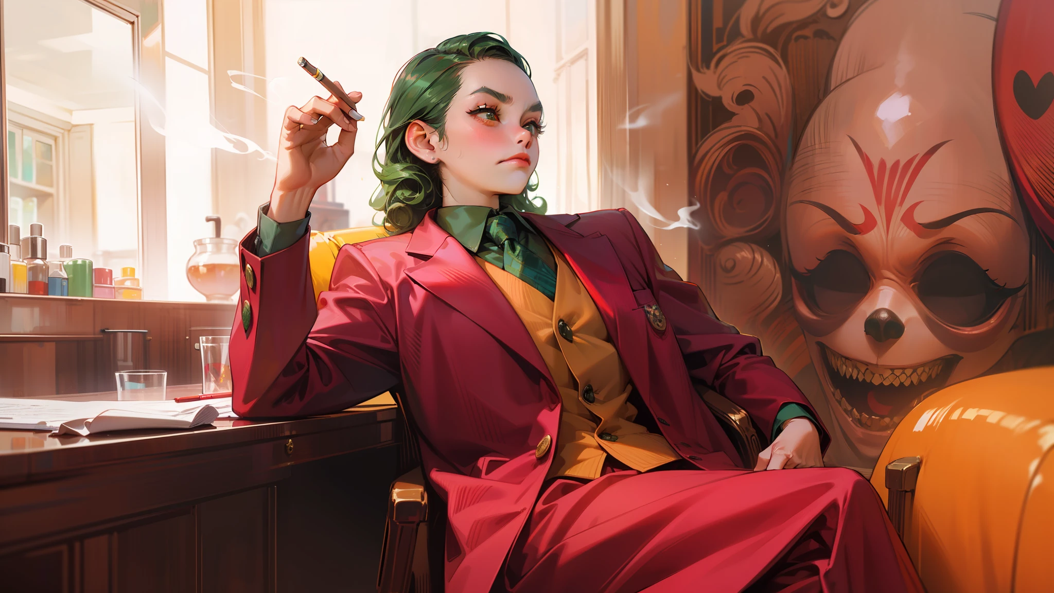 Anime style, Ridiculous, high resolution, super detailed), 1 girl, beautiful, solo, mature, (long green curly hair with long parted bangs), highest detail, clown/joker makeup, depressing expression, frowning, looking to the side, setting studio with table and mirror background, relaxed gentle eyebrows, dark hazel eyes, long eyelashes, red tuxedo, yellow vest, green tie and dress shirt, closed mouth, crossed legs, holding cigarette, wide hips