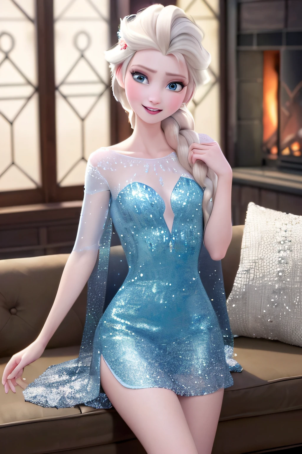 (masterpiece:1.4),(best qualit:1.4),(high resolution:1.4),Digital art realistic, imagine v1, Elsa frozen, Frozen dressed, short dress princess, Short and line skirt, transparent skirt and cloak, sexy Elsa, Elsa Disney princess, beautiful Elsa, half open chest dress, beautiful art,,(looking at viewer:1.1),(night:1.2),couch,fireplace,smile,1girl,solo,solo focus,