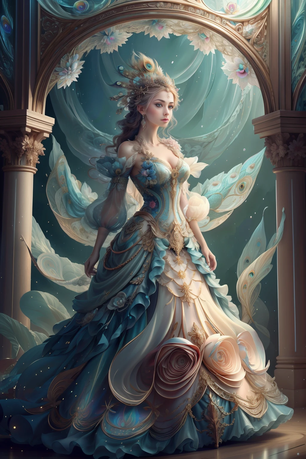 a peacock goddess wearing a majestic, beautiful, intricate ball gown with lots of ruffles and rhinestones (Masterpiece, Top Quality, Best Quality, Official Art, Beautiful and Aesthetic: 1.2), (1 Flower), Upper Body, Extremely Detailed, (Fractal Art: 1.3), Colorful, Most Detailed
