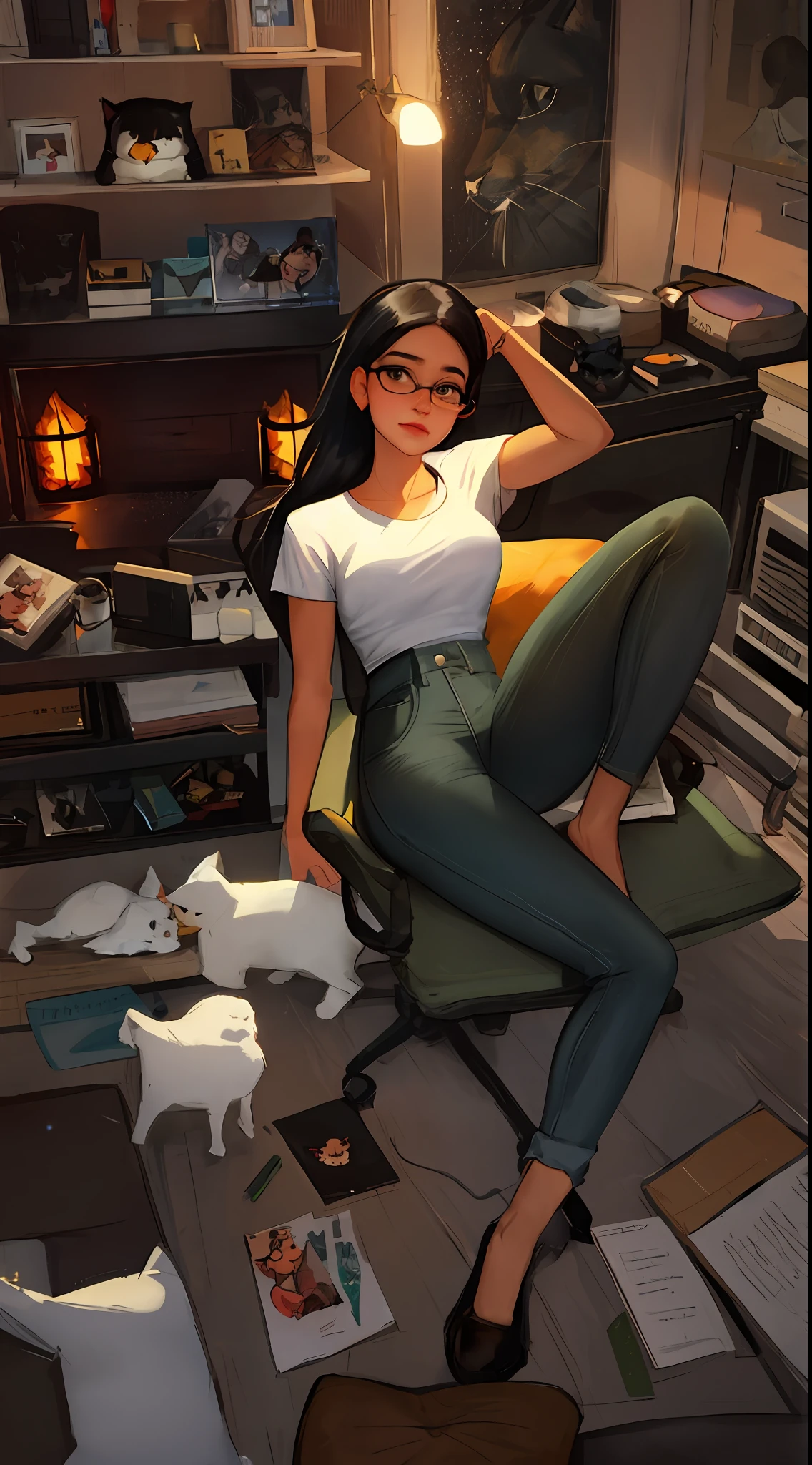 there is an Indian woman in jeans and tshirt with glasses and a bunch of cats, artwork in the style of guweiz, guweiz, guweiz masterpiece, guweiz on pixiv artstation, guweiz on artstation pixiv, by Li Song, ross tran 8 k, by Yang J, by Yanjun Cheng, artgerm and atey ghailan