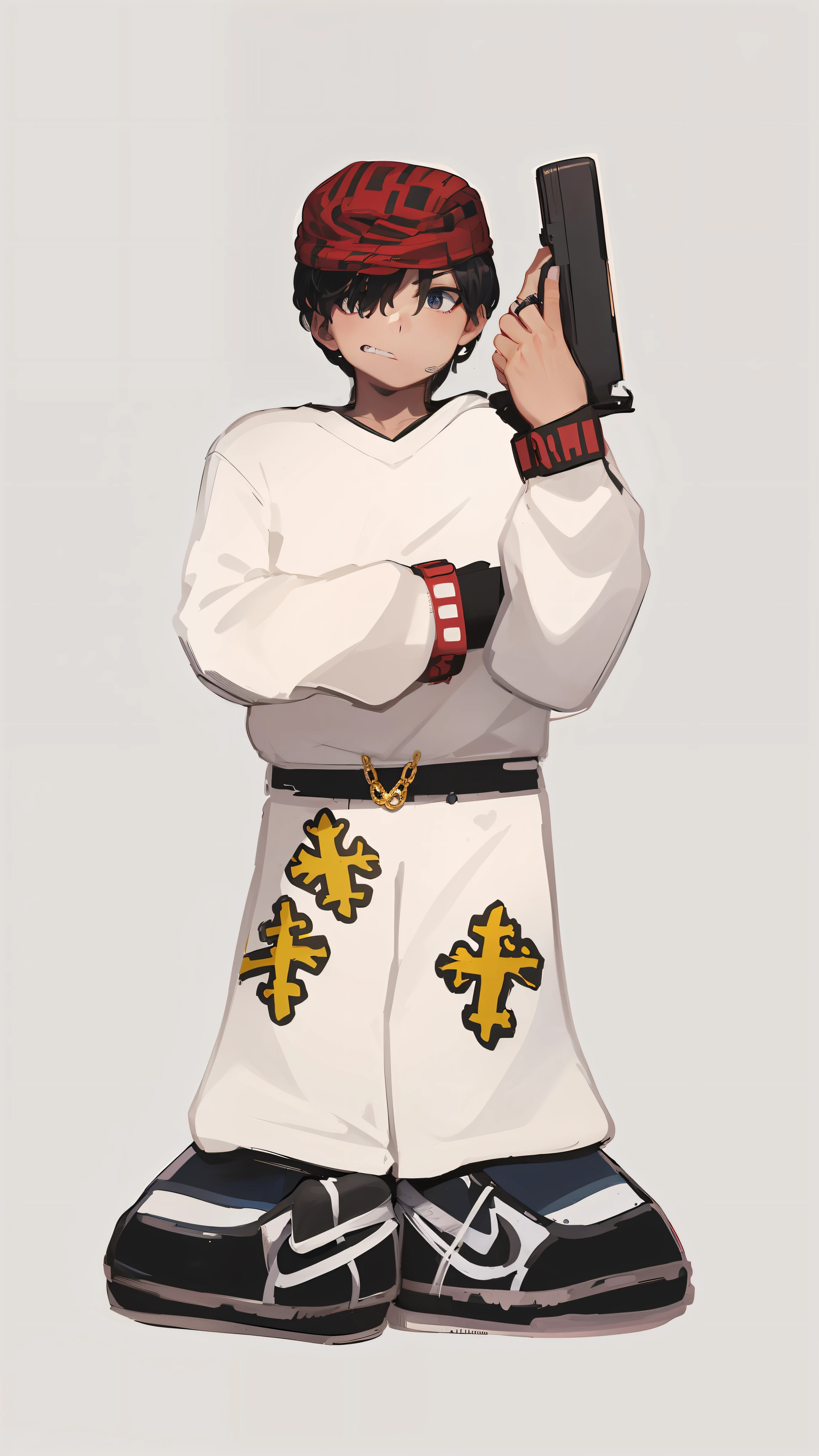 1 boy de pele branca segurando uma pistola, touca tampando os olhos, touca teia de aranha, white sneakers, preto branco, correntes de ouro, gangster, semblante vazio, semblante entediado, boredom, melhor qualidade, vermelho, roxo, manga, cartoon, irrealista (Alta qualidade)