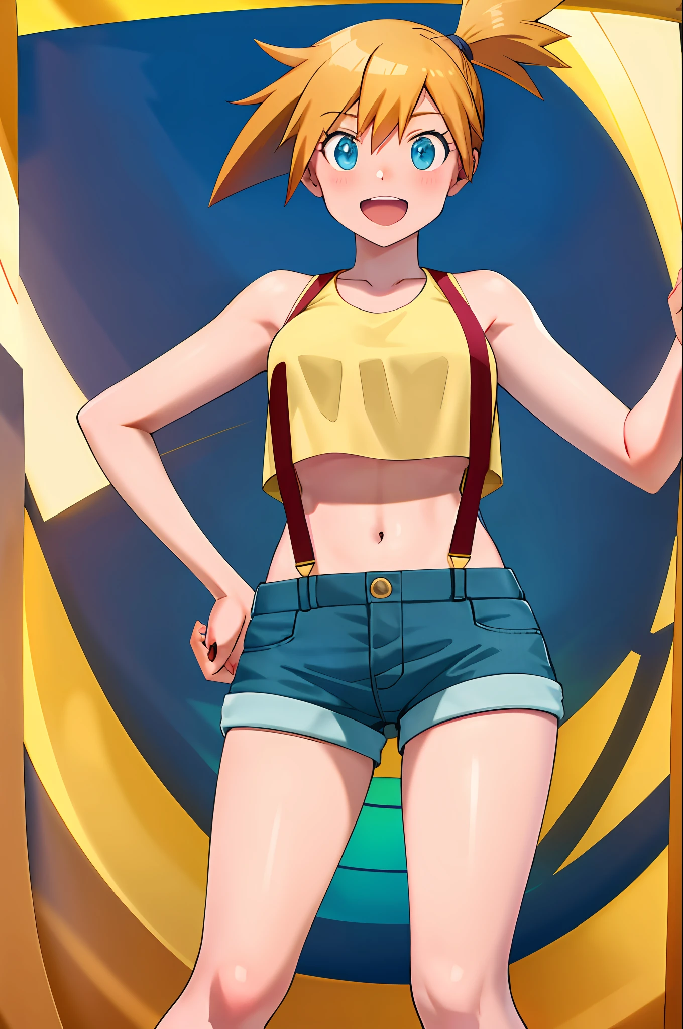 obra-prima, melhor qualidade, highres, 1girl, nebuloso (pokemon), cabelo laranja, solo, shorts, suspenders, rabo de cavalo lateral, cabelo laranja, midriff, top de corte amarelo, umbigo, cabelo curto, jeans, shorts jeans,, sorriso, tiro de cowboy, ao ar livre, sob peito, seios pequenos, peito expandido externamente, sexy