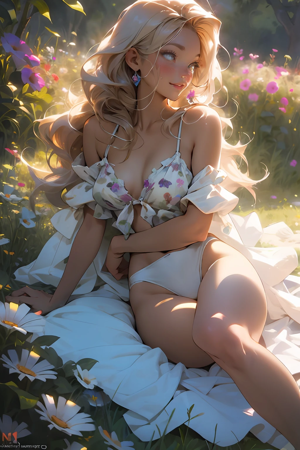 melancholy lighting, quiet, calm, brightness, masterpiece, best quality, 1girl, (JinxLol:1.2), (ultra photorealistic:1.3), (masterpiece:1.4), best quality, ((realistic)), high quality, ultra detailed, ((Real image)), ((realistic skin)), ((realistic face)),(illustration:1.05), (beautiful:1.05), (beautiful detailed eyes:1.05), (cinematic light:1.1), Full body, precise proportions, 18-year-old girl, skinny model lying on the grass, surrounding garden,  tree shadow, GINGER BLONDIE hair fluttering in the wind, tulle, long legs, slightly open feet, buttocks, blush, shyness, collarbone, abdominals, double weave, beautiful and delicate face, fair skin, real skin, (face detail), pores, super high resolution, 8k, parameters Best quality, masterpiece, super high resolution, (Realistic 2.0), More details, detailed skin, transparent RED panties, wide smile, white teeth,  GINGER BLONDIE hair voluminous, perfect and well designed eyes, girlfriend, beautiful, beautiful, flowers, studio lighting