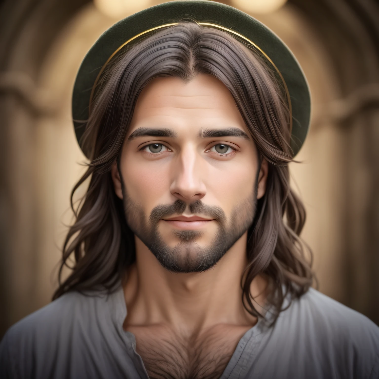 arafed man with long hair and a beard wearing a hat, Retrato de Jesus Cristo, rosto de Jesus, Jesus Cristo, jesus of nazareth, Jesus, Vestido como Jesus Cristo, homem bonito, macho com halo, homem bonito, retrato vfx altamente detalhado de, pintado digitalmente, retrato da obra-prima religiosa, by Hristofor Žefarović, pintura digital renascentista, fundo branco, Portrait of jesus man, in biblical times Jesus, plain clothes, Photorealistic clear environment, full face, looking at camera, looking forward, into my eyes, calm eyes, serene and loving face, gentle look,