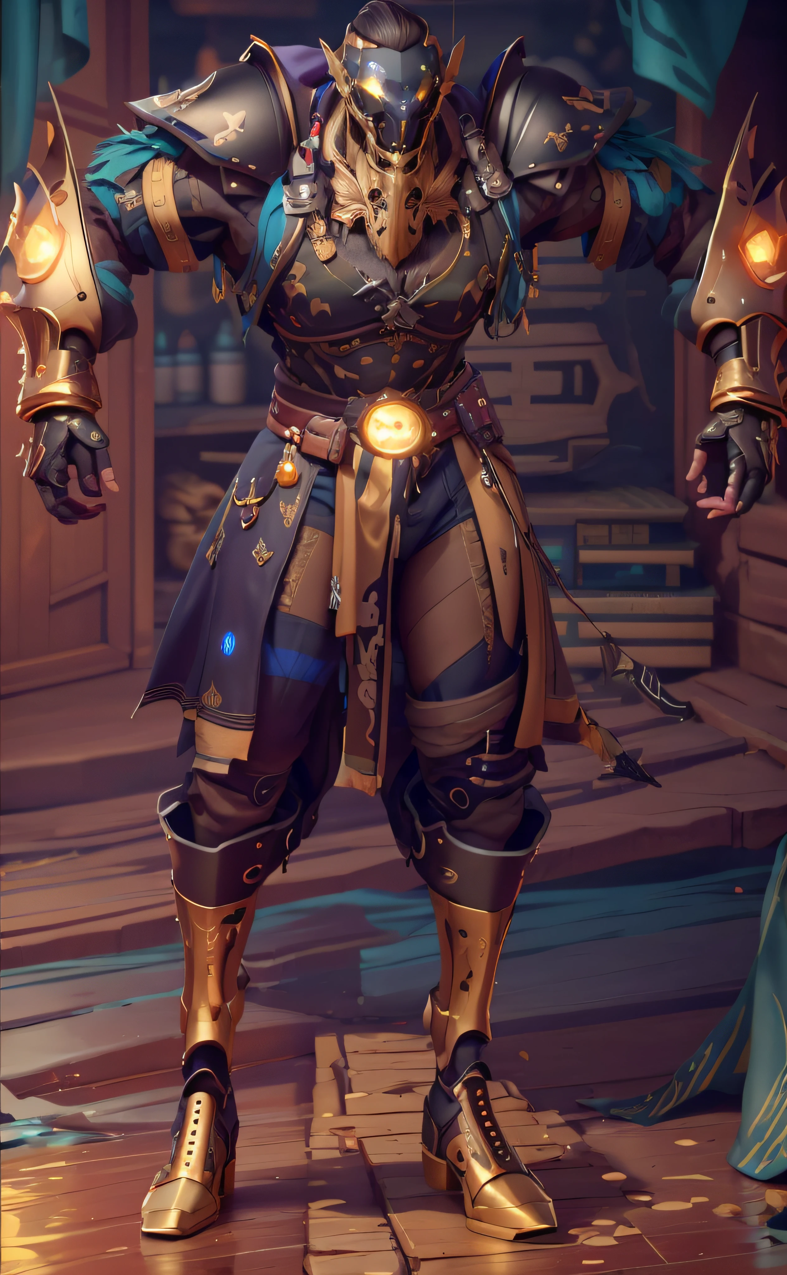 um close up de uma pessoa do sexo masculino em um traje com uma espada, luzes brilhantes na armadura, luz saindo da armadura, golden tech robes, vestes cyberpunk ornamentadas, 8k detalhe insano, cinematic full shot, rachaduras de linha brilhante na armadura, sea of thieves style, cinematic detail, com brilho em algumas de suas partes, pele azulada,  3d render em 8k, melhor qualidade, obra-prima, nikon, luz e sombras realista, 8k, ray tracing, NVIDIA, unreal engine 5,