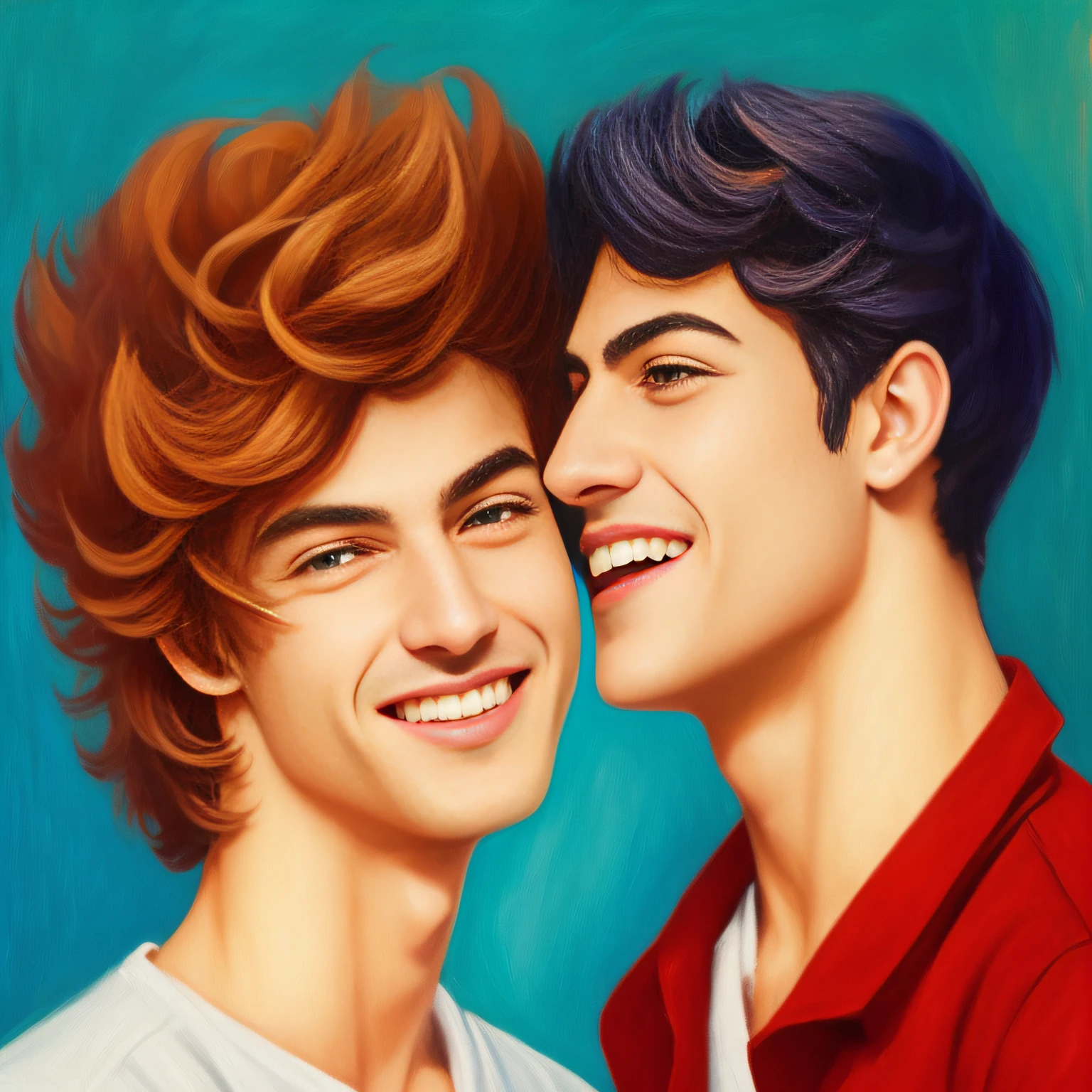 2 Homens gays, homossexuais, romantic attraction, sorridente, um dos dois vestido de mulher e eu usando batom. Pintura sem estilo: "impressionismo", 8K cores. Pinte com cores vibrantes e bem definidas, but in a way that the character is easily recognized and revealing the perfection of the character's  expression.