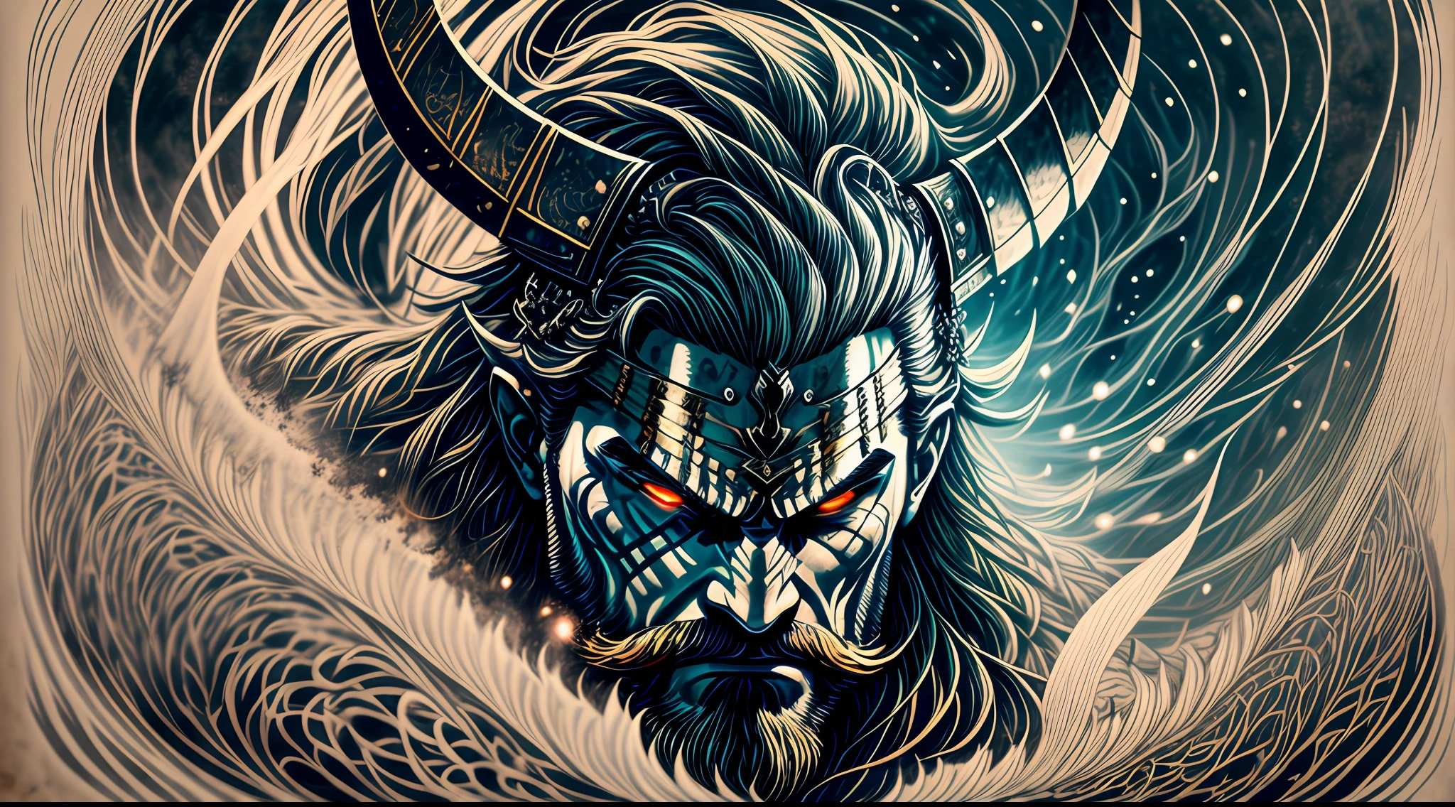 An intense close-up of a Viking warrior with piercing, glowing eyes, surrounded by an inky darkness. His horned helmet gives him an imposing silhouette, while his wild, flowing beard adds a touch of ruggedness. The warrior's face bears an expression of deep anger, a testament to his ferocity in battle. The backdrop is filled with swirling tendrils of inky blackness, reminiscent of ancient mythological forces. The atmosphere is tense, hinting at the mythical powers that surround the warrior. The image combines high detail and an artistic touch, creating a captivating visual experience. Artwork, ink on parchment