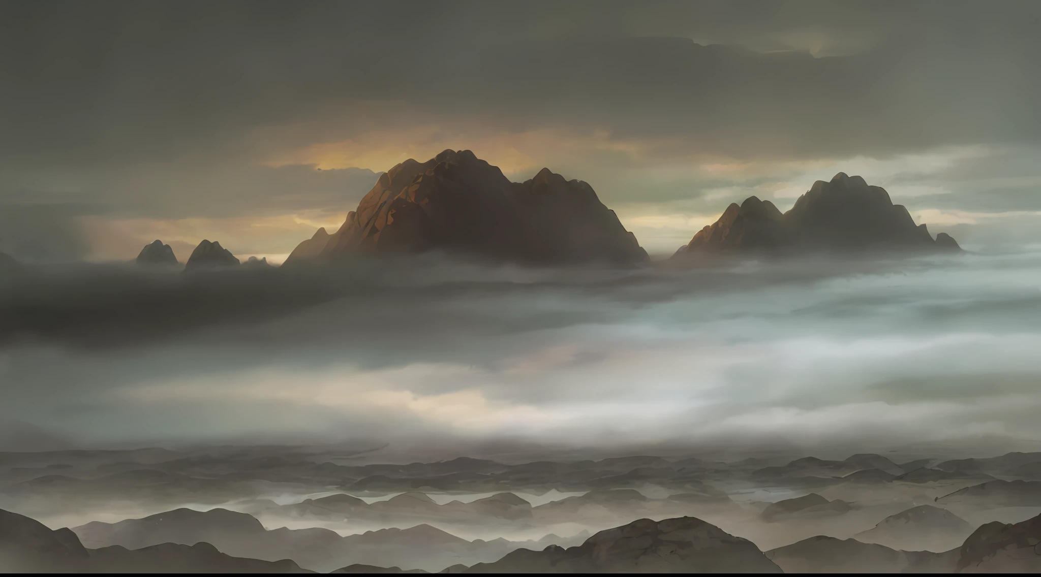 in the style of scenery, extension de tierra con algunas rocas, desierto, ambiente oscuro, tonos grises, cielo nublado, nubes oscuras, apocaliptic,