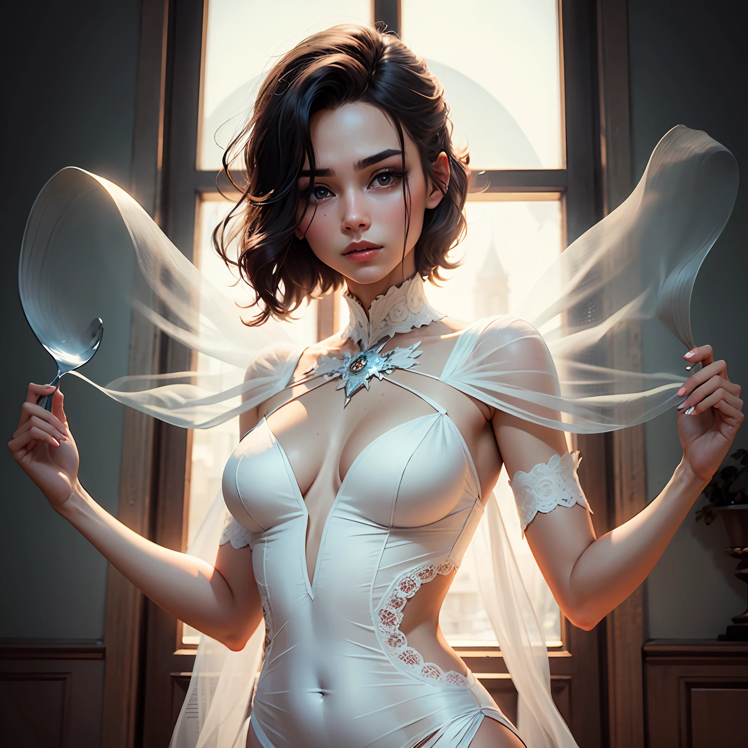 Como uma Yael Shelbia, fotografia realista, fotorrealismo, realismo, contraste, fotografia, obra prima, Final fantasy's Like, ethereal beauty, ethereal, ultra realista, 3d, 3D-rendering, porcelana, Melhor qualidade, anatomia humana, cabelos reais, cabelos curtos, Asymmetrical Cut Hair, cabelo em movimento, seios enormes, anatomia humana, posando para foto, translucido, (ethereal, Sonho), em um lindo vestido curto de renda transparente, Renda, tecido, formidable, papel de parede 8k, Realistic Textures Dramatic Lighting, Trending no pintrest portraits --auto