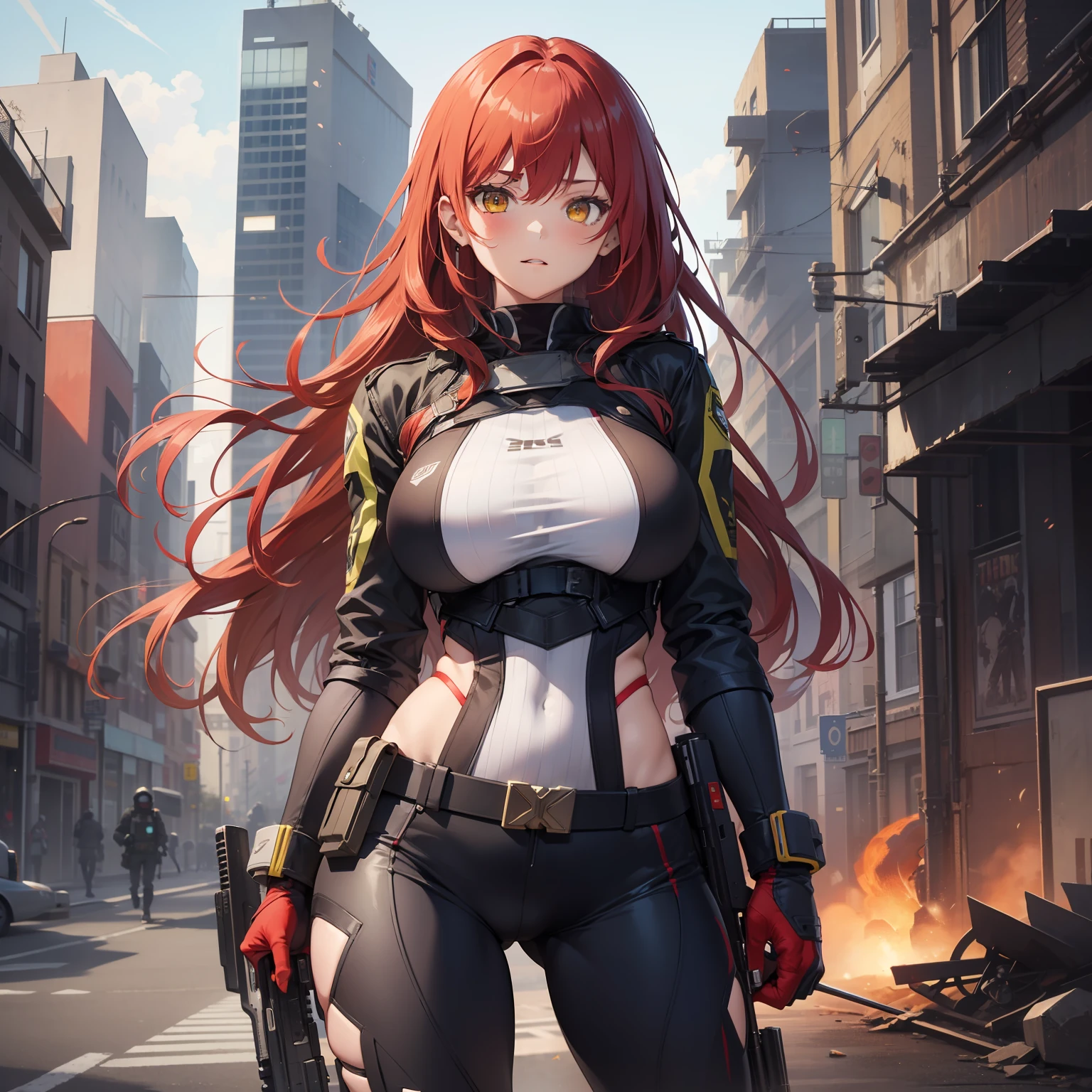 1 girl, long red hair, yellow eyes, combat suit, big breasts, gun in hand