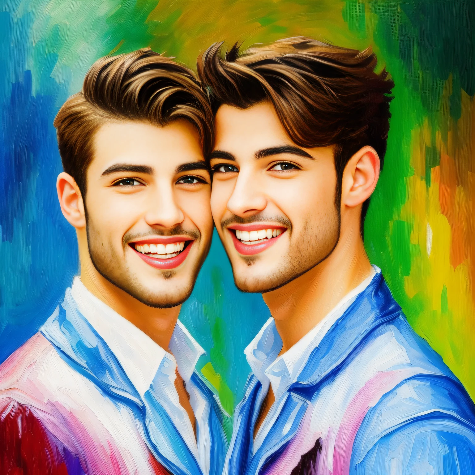 2 Gay men, homosexuals, romantic attraction, smiling, one of the two dressed as a woman and I wearing lipstick. Non-style painting: "Impressionism", 8K colors. Paint with vibrant and well-defined colors, but in a way that the character is easily recognized and revealing the perfection of the character's facial expression.