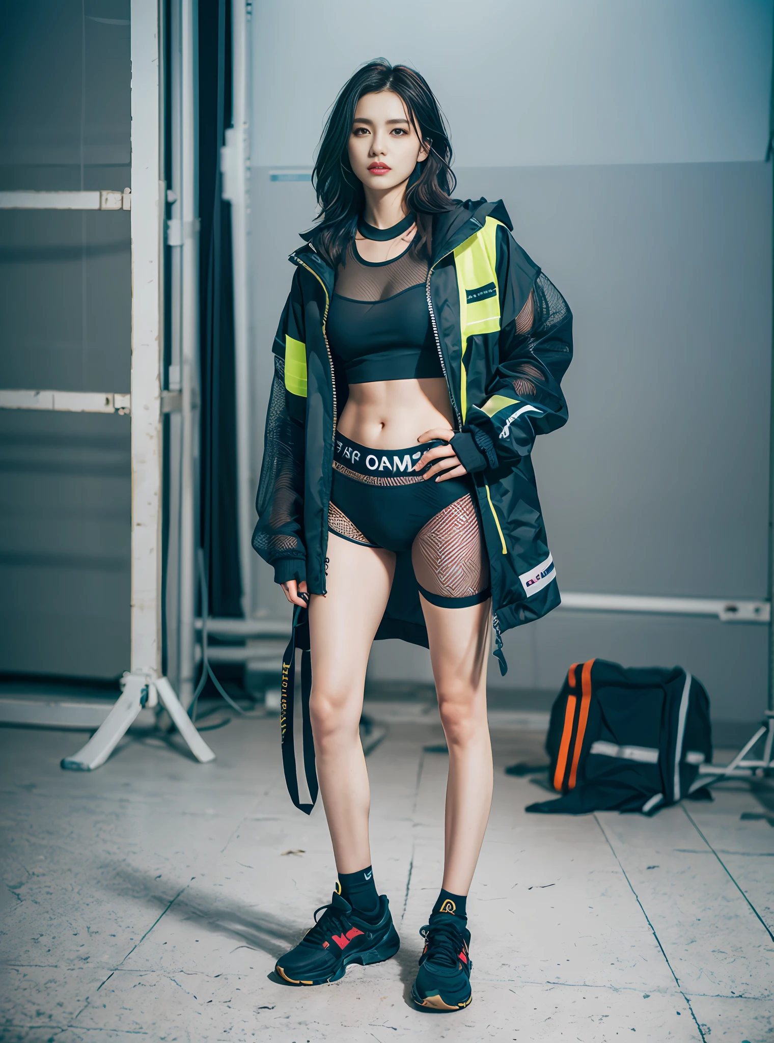 (acronym:1.2, tech wear:1.2, studio photography:0.9, hamcus:1.1), mesh jacket or vest, detailed and textured fabricks (worn by the model), dark and moody lighting, minimalistic background, futuristic vibe.