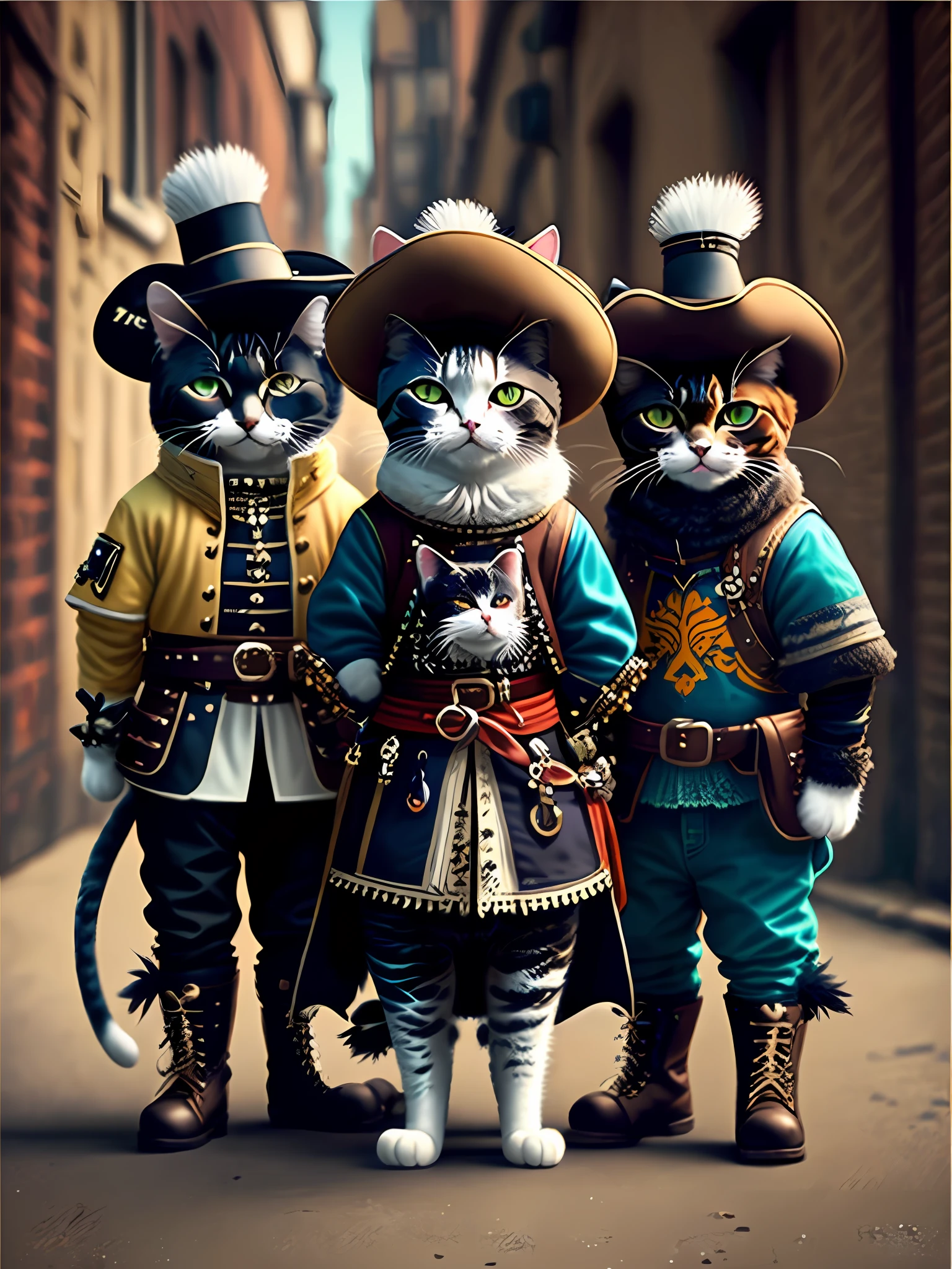 picture of three cats as musketeers, art station trend, dressed in punk clothes with musketeer feathered hats and boots, hyper realistic detailed rendering, british gang member, urban style, intimidating pose, planet of cats, musketeers clothes, urban musketeers, meow, west slavic traits, 8 1 5
