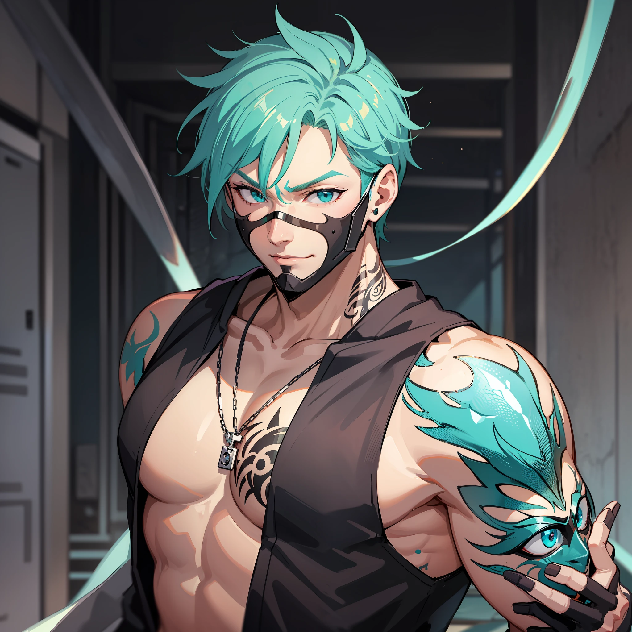 male young Half-dragon, big-boned, aqua short hair, dragon eyes, mask, No-sleeves tank top, tattoo on chest, Cool, Villain, anime figure
