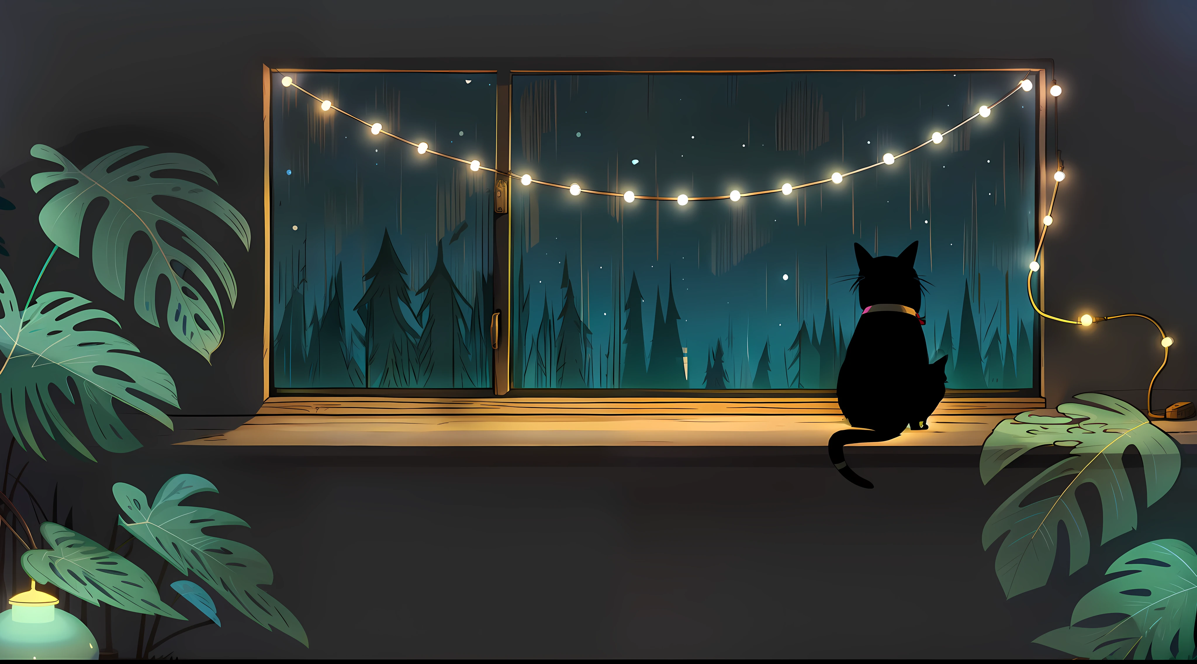 a cozy room at night, cat watching the moonlight shining through the window, illustration detailed, desenhos animados