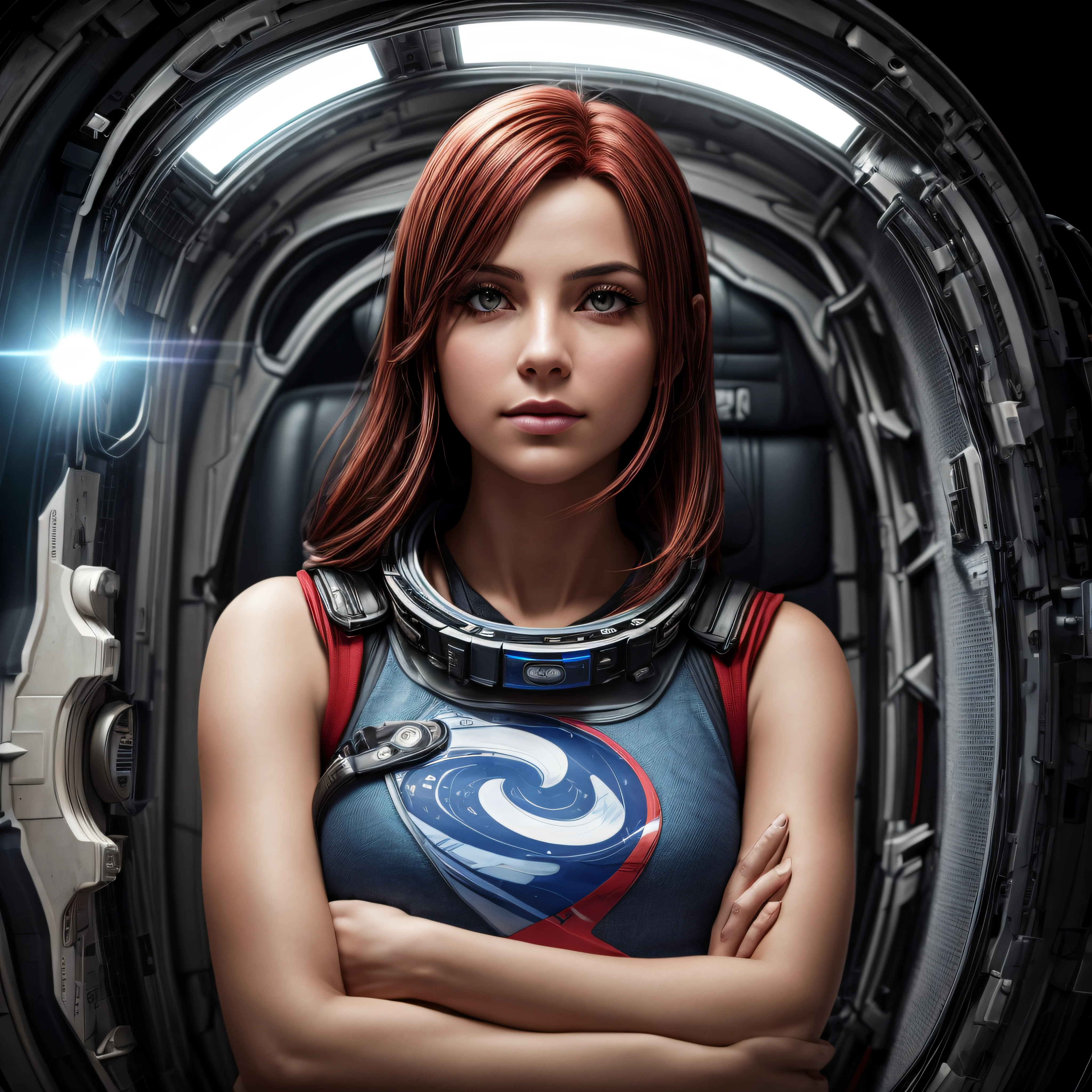 Portrait of red-haired woman on space station, cinematrográfico, Photo Session, filmado em lente 40 mm, Campo Proundidade, Tilt Blur, velocidade do obturador 1/1000, F/22, white-balance, 32k, Super Resolution Pro Photo RGB, Illuminação partial frontal, luz de fundo, dramatic lighting, incandecente, gentle lighting, volumetric, Story time, global illumination lighting, screen space illumination, disperção, Sombras, RISTY, Cintilante, Lumen reflections, Reflections from screen space, Diffraction gradation, Chromatic Aberracao, Deslocamento de GB, typing lines, Ocluão de Ambiente, Anti-aliasing, FKAA, TXAA, RTX, SSAO, os-processing, post - production, Cell Shading, Mapeamento de Tons, ..cgi, VFX, SFX, incrivelmente detalhado e intrincado, Hiper maximalista, elegante, dinamic pose, fotografia, Volutric, ultra-detalhado, detalhes intrincados, super detalhado, Environment –Uplight –v 4 –q 2 Negative prompts --auto