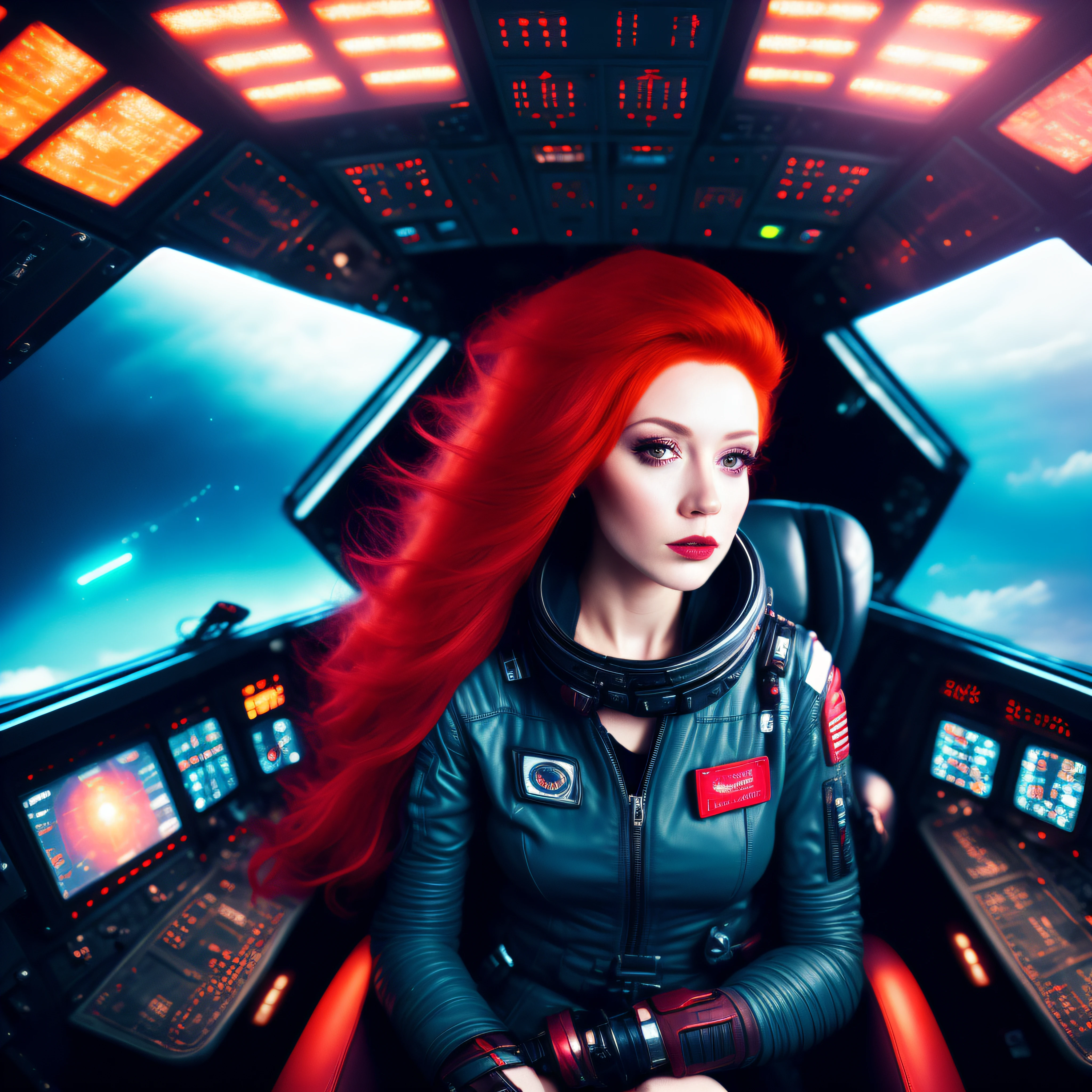 Portrait of red-haired woman on space station, cinematrográfico, Photo Session, filmado em lente 40 mm, Campo Proundidade, Tilt Blur, velocidade do obturador 1/1000, F/22, white-balance, 32k, Super Resolution Pro Photo RGB, Illuminação partial frontal, luz de fundo, dramatic  lighting, incandecente, gentle lighting, volumetric, Story time, global illumination lighting, screen space illumination, disperção, Sombras, RISTY, Cintilante, Lumen reflections, Reflections from screen space, Diffraction gradation, Chromatic Aberracao, Deslocamento de GB, typing lines, Ocluão de Ambiente, Anti-aliasing, FKAA, TXAA, RTX, SSAO, os-processing, post - production, Cell Shading, Mapeamento de Tons, ..cgi, VFX, SFX, incrivelmente detalhado e intrincado, Hiper maximalista, elegante, dinamic pose, fotografia, Volutric, ultra-detalhado, detalhes intrincados, super detalhado, Environment –Uplight –v 4 –q 2 Negative prompts --auto