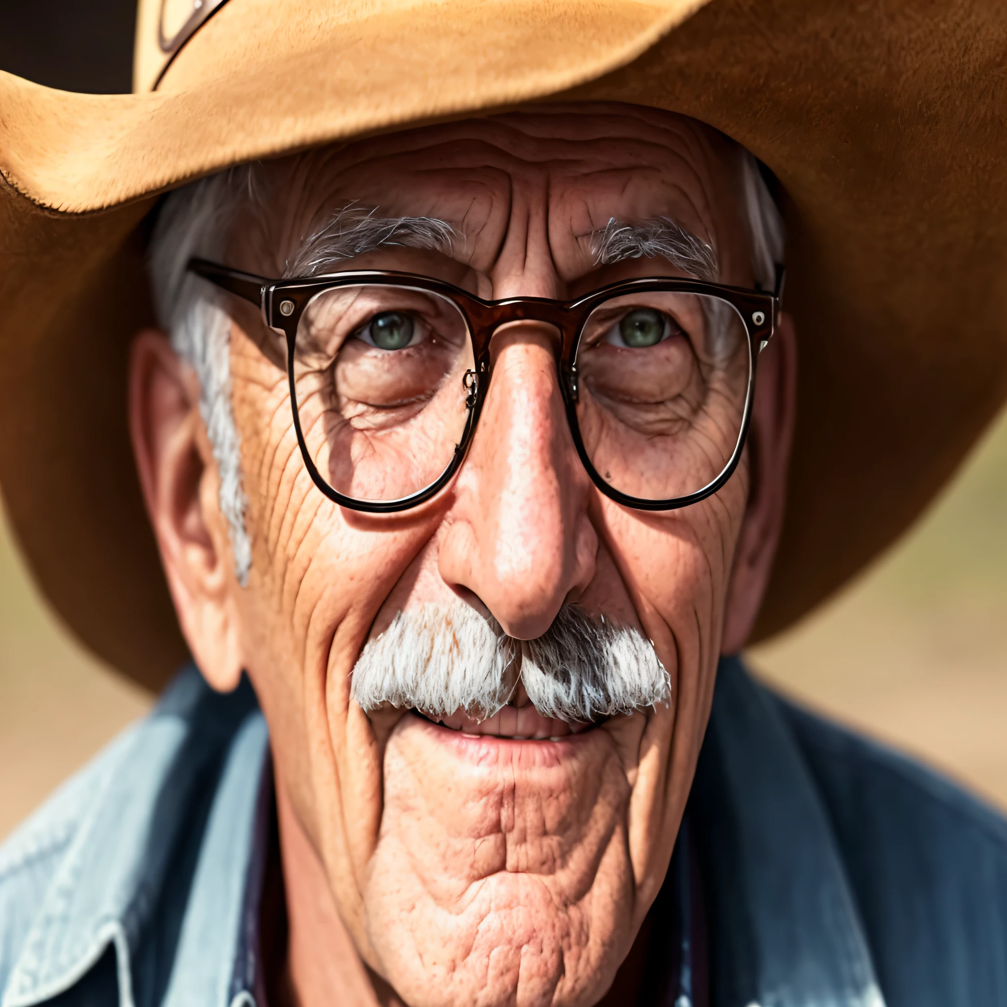 a close up portrait,(extremely detailed 8k wallpaper),centerd,(symmetry),old man,look at viewer,smile,mustache,glasses,cowboy hat,hat over face,35mm,soft cinematic light,4k texture,intricate details,hdr,intricate,(((cinematic look)))