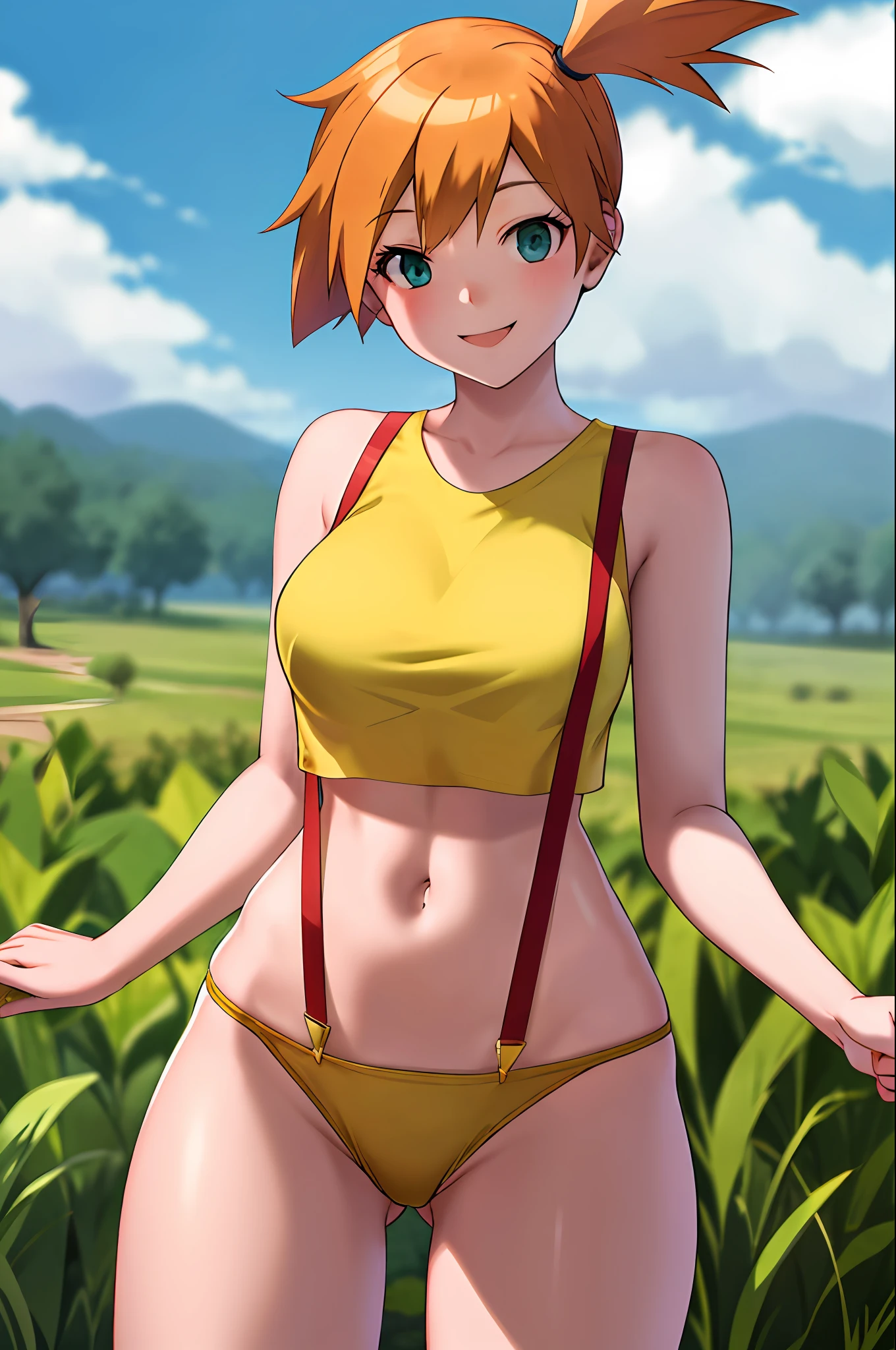 masterpiece, best quality, highres, 1girl, misty (pokemon), orange hair, solo, suspenders, side ponytail, orange hair, midriff, yellow crop top, short hair, large breasts, outdoors, cowboy shot, smile, (thong:1.3)