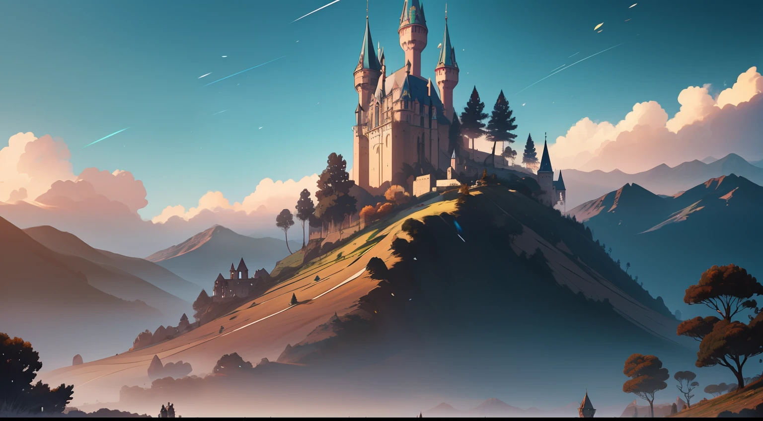 Plain with castle in the background, mountais, crystals, beautiful landscape, daylight, from Brian Froud and Carne Griffiths and Wadim Kashin and John William Waterhouse, 8K post-production, high resolution, hiperdetailed, trending in artstation, sharp-focus, Studio photo, from greg rutkowski