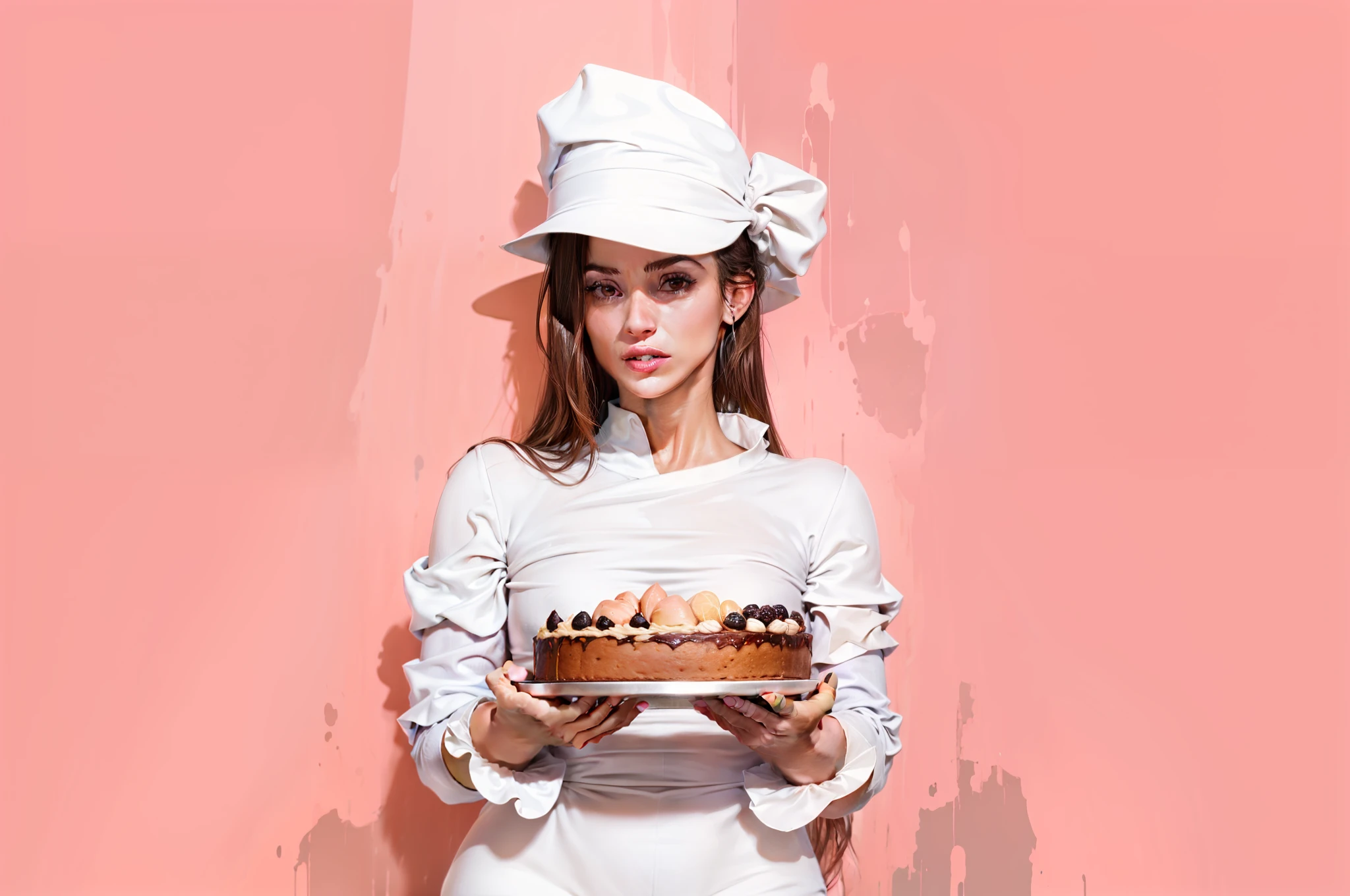 Imagine a woman with an intimidating facial expression, foto altamente realista, piercing gaze and dressed in an impeccable pastry uniform. Her hair is stuck in a perfect bun and she has gloved hands, ready for action. Ela segura um bolo majestoso na cor preta, perfeitamente decorado com detalhes em dourado. The black cake is tall and imposing, com camadas suaves pretas e uma cobertura brilhante de chocolate. A mulher com cara de mau, stranger holds him with confidence, as if he were about to reveal a dark secret through his culinary creation. The surrounding environment is gloomy, com sombras projetadas nas paredes, further highlighting the contrast between the black cake and the rest of the space. A mulher exala uma aura misteriosa e provocativa, challenging anyone to figure out what's behind that intriguing cake.