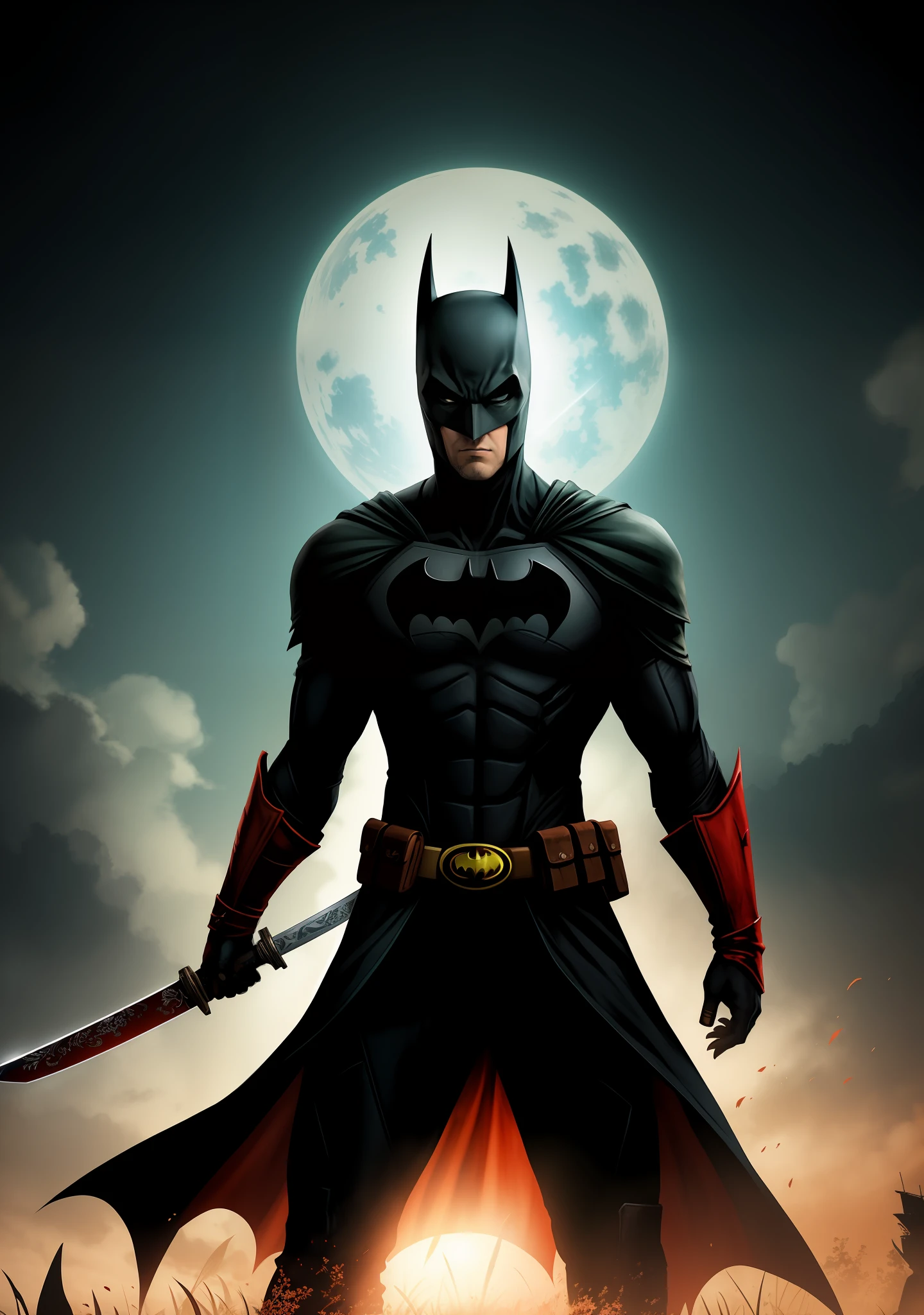 Batman (The Bat Man) holding a sword, Sekiro, urban fantasy centered, digital yellow red sun, in Amino, 2D game background, 'If everything can start again, in a soft green light dawn, G - final man, Kano, avatar image, wanderer