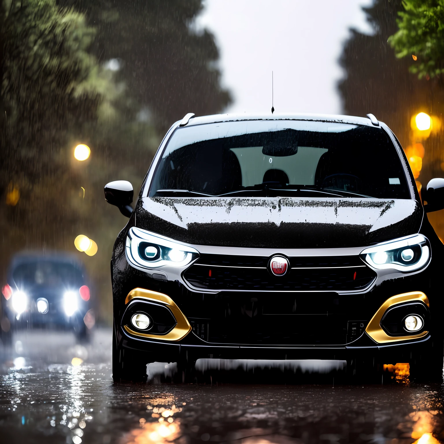 A car Fiat Siena in the street parked near the sidewalk, at night. black with red and gold stripes, ((it rains very hard, wet street, wet car, )), hiper realista, 8k, photographia profesional