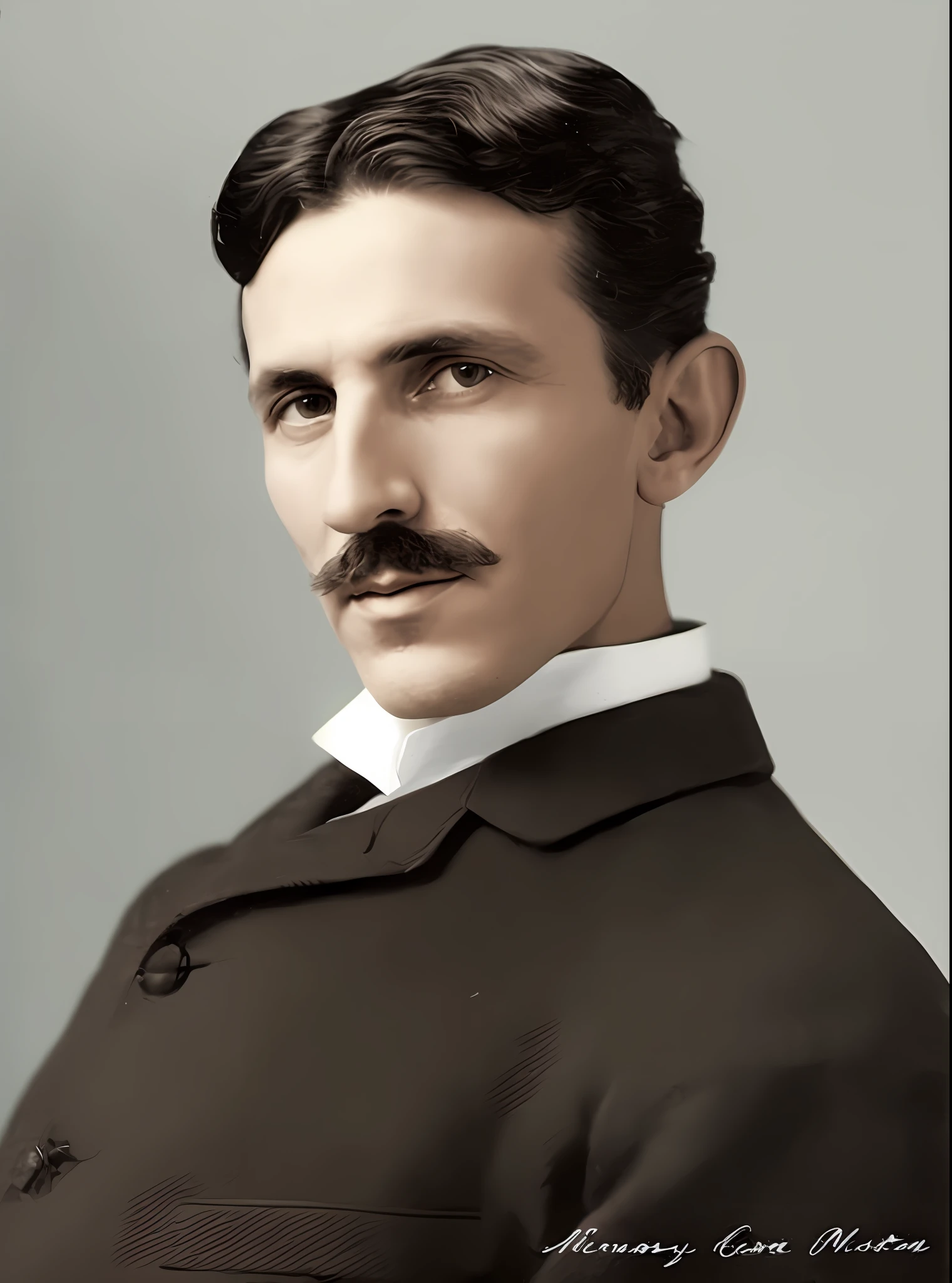 arafed photo of a man with a mustache and a moustache, portrait of nikola tesla, nikola tesla, nikolai tesla in his lab, colorized 1 9 0 4 photo, tesla, a colorized photo, colorized, colorized photo, colorized photon, colorized photograph, colourized, george orwell, handsome man, colourised, author unknown, tesla coil, 4k, reconstrution, high quality