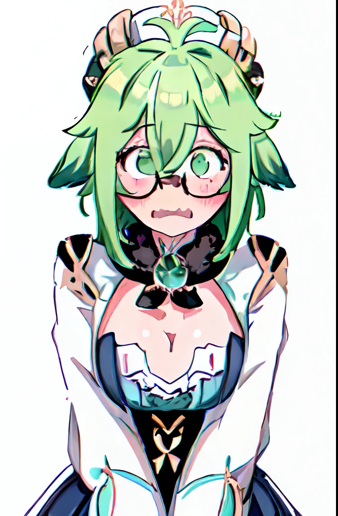 a close up of a cute girl with green hair in a white blank bra, 1girl, solo, breasts, sucrose (genshin impact), glasses, white background, cleavage, green hair, blush, Bob hairstyle hair, simple background, bare shoulders, upper body, collarbone, surprised face, wide eyes, looking down, embarrassed face