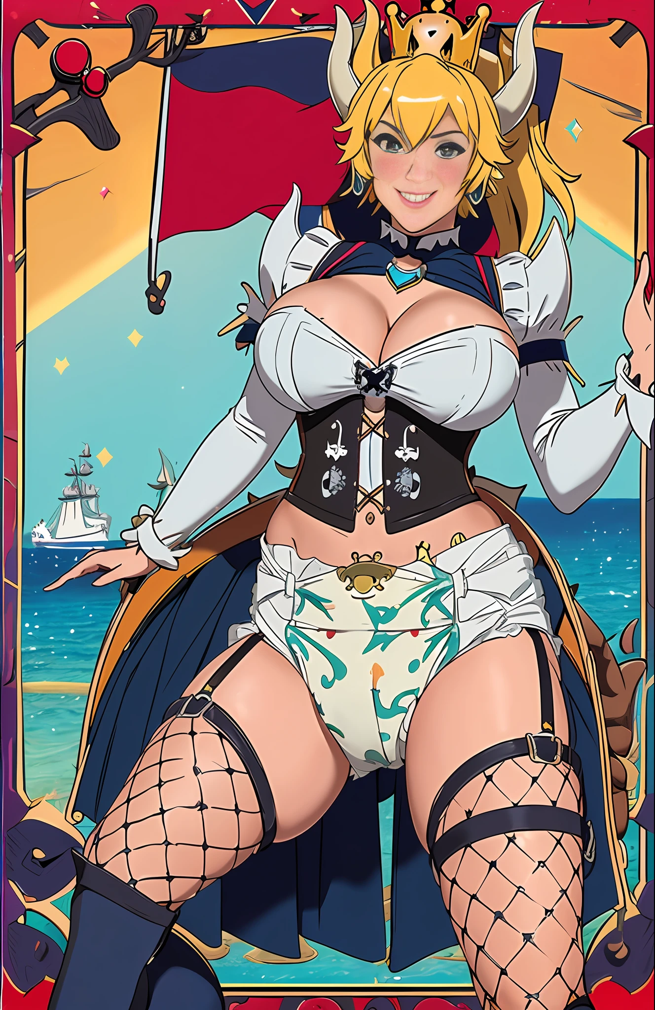 Sexy girl wearing (big diaper), ((Miss Fortune)), ((Bowsette)), busty, (big breasts), wide hips, (leather), stockings, fishnets, (leather corset), (hypnotic), (magical), (blushing), pleasure, (orgasmic), colorful, ((mommydom)), ((pirate)), (pirate ship), ocean, sails, sunlight, tropical