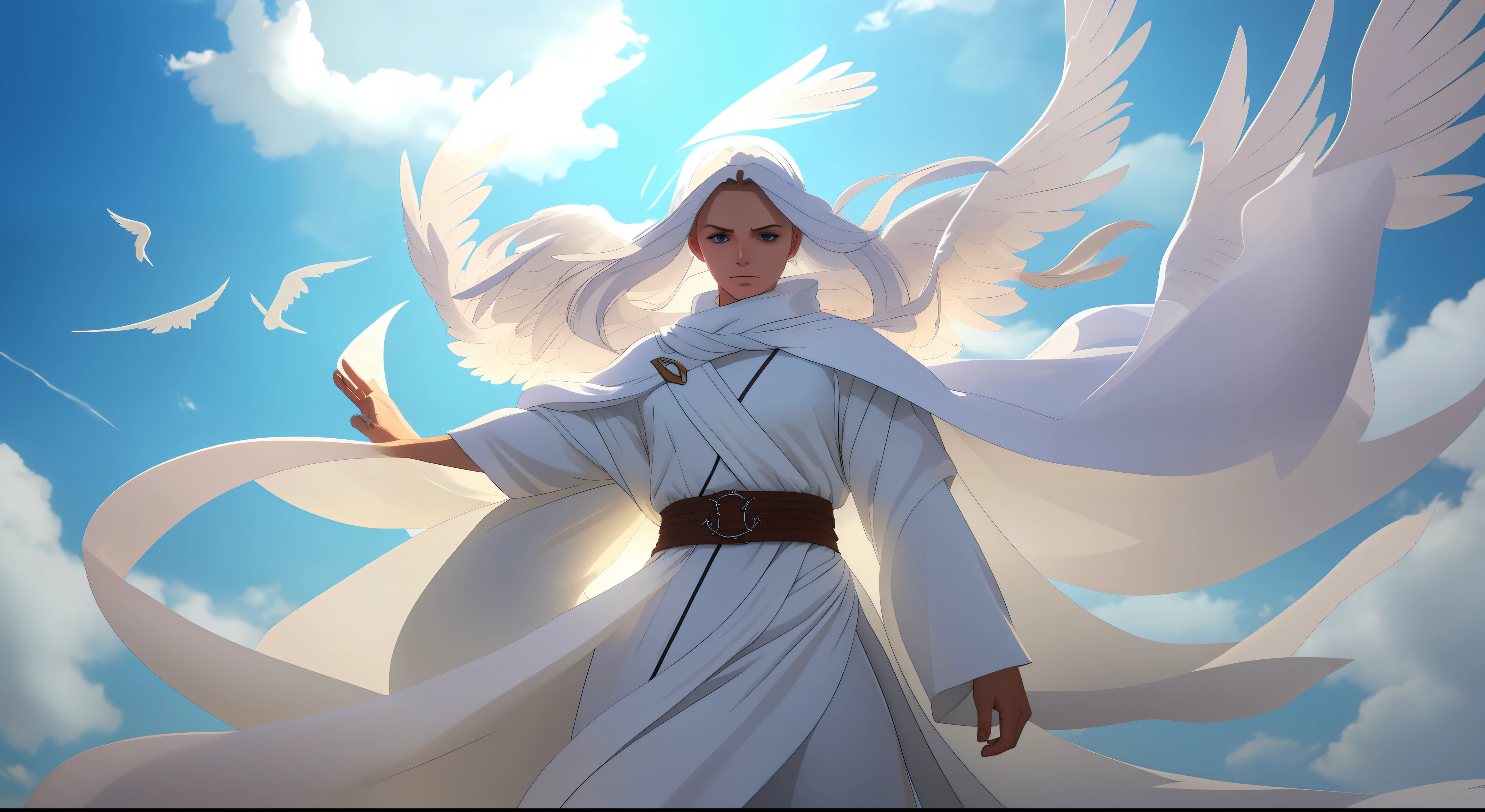 Guardian of the wind + white tunic + glow effect around + open arms + wind of strength in the hands + front + close + noble white tunic clothing, between clouds + white feathers around