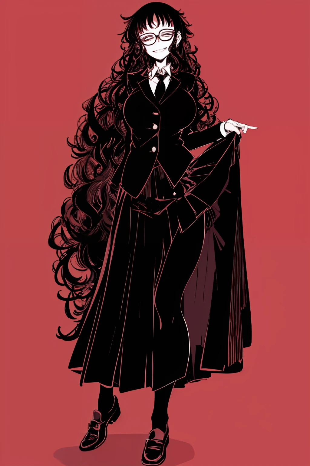 (masterpiece, best quality:1.2), 1girl, black blazer, necktie, black skirt, very long hair, wavy hair, (messy hair:1.2), short bangs, blunt bangs, pleated skirt, long skirt, full body, half-closed eyes, glasses, black hair, black eyes,
red background, simple background, spot color, large breasts, curvy, forehead, solo, smirk, loafers, [skirt lift:2]