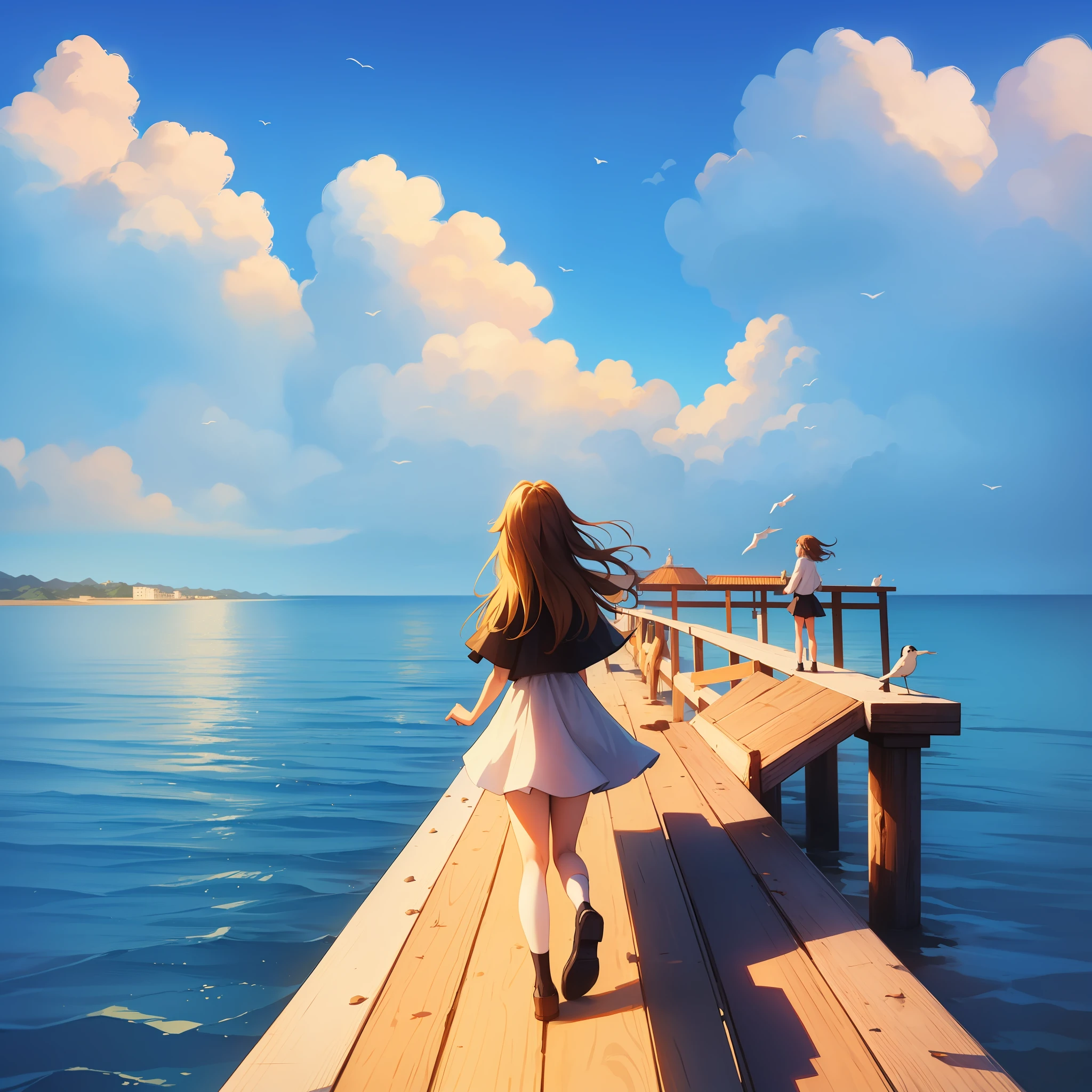 2 children looking at the horizon on a pier, floresta ao lado, birds in the sky, anime version, Anime estilo Ghibi, HD 4k, 8k, obra prima, alta qualidade, --auto