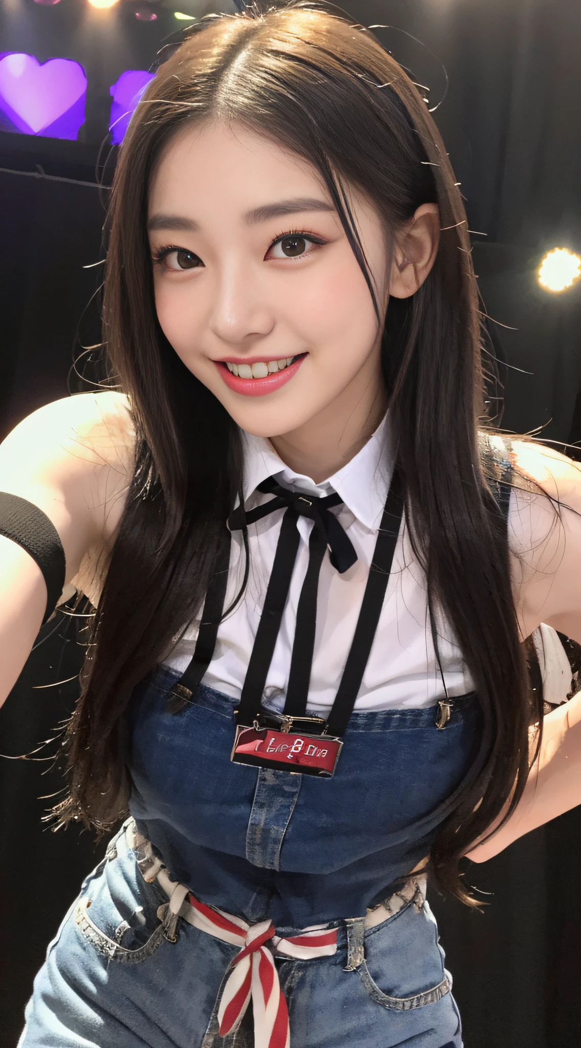 large chest with drooping:2、It is well wet、smile on face、独奏、((K-pop Idol))(Heart)((You're on stage(Live action))Floor angle、Taken from directly below、nametag、ribbon from、Pubic hair is transparent、suspenders、Show me your teeth、knees