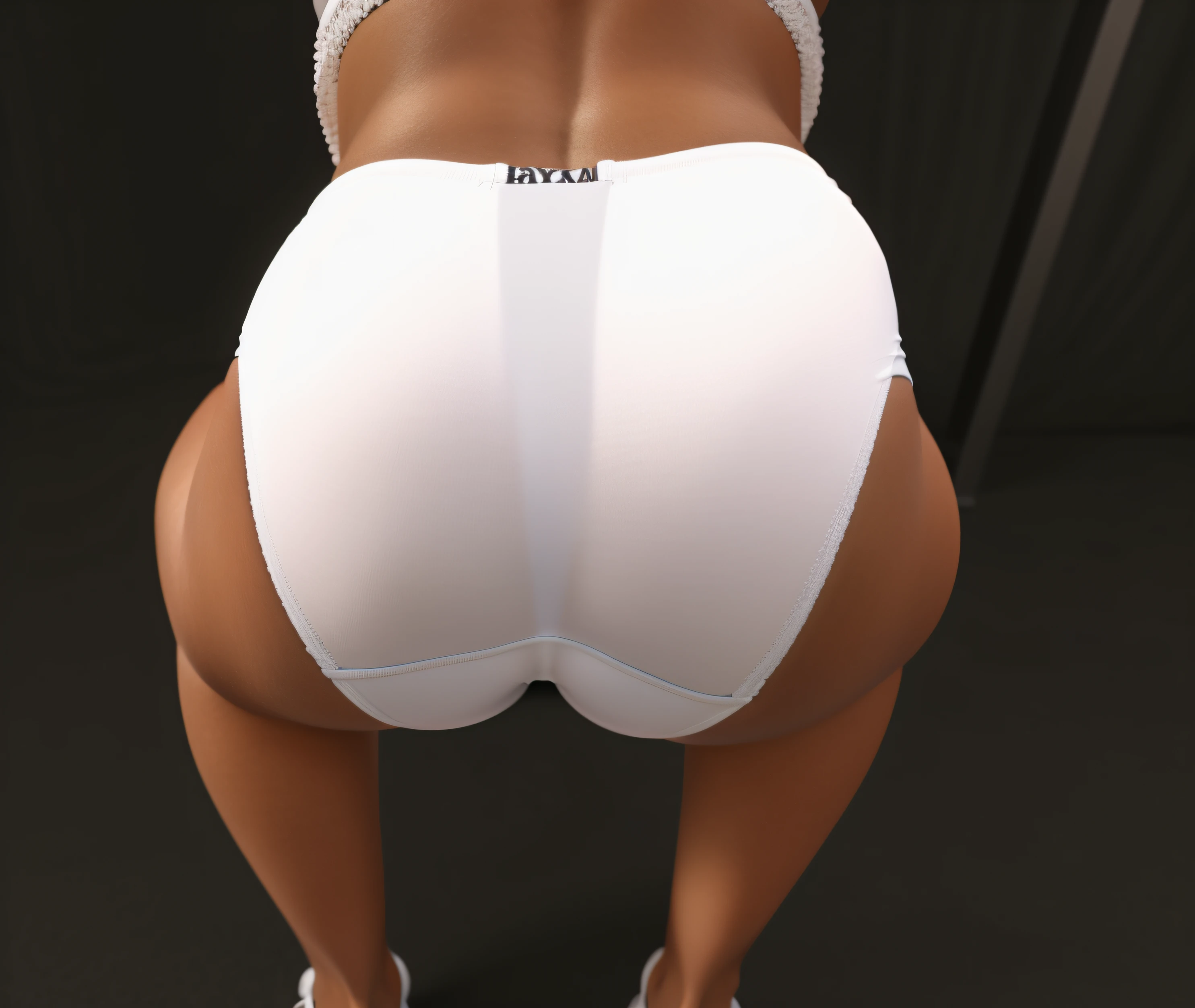 Curvy Black woman, white sports bra, and white cotton fullback panties, squatting, close up shot, photo realistic, intricate details