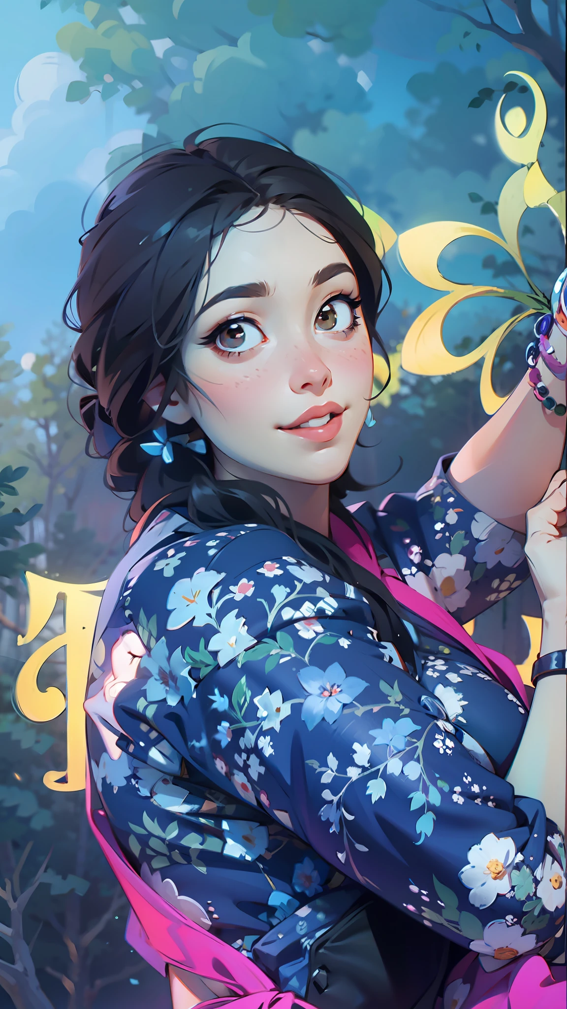 a hyper-realistic portrait of a young woman, smiling, under a tree, inside a forest, in the middle of nature, 22 years old, realistic, (lying on her side), sexy, (huge breasts 2:1), short brown hair, (hair tied with bows), curved, SFW