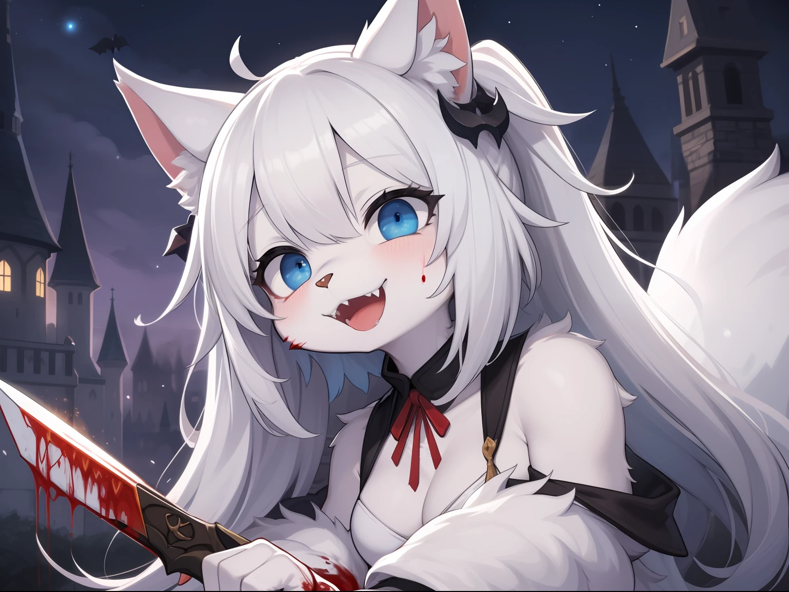 Cat Girl,was hairy,shaggy,Skin fur,White fur,Forelimb hands,hair splayed out,White ears,White face fur,White hair, hair splayed out, Shiny hair,Long hair,Hairline, lowtwintails,Blue eyes,Super cute face,Empty eyes,Crazy smile, Fangs,Armed with a dagger,bat hair ornament,White dress,Ambient light,Ultra-fine fur,volumettic light,, dashed eyes, bangs, light and darkcontrast, ultra high def, 巨作, Super detail,Castle background,Night,starry light,blood, blood_On_clothes, blood_On_Hands, blood_On_arma, blood_Flying splashes, blood_stain