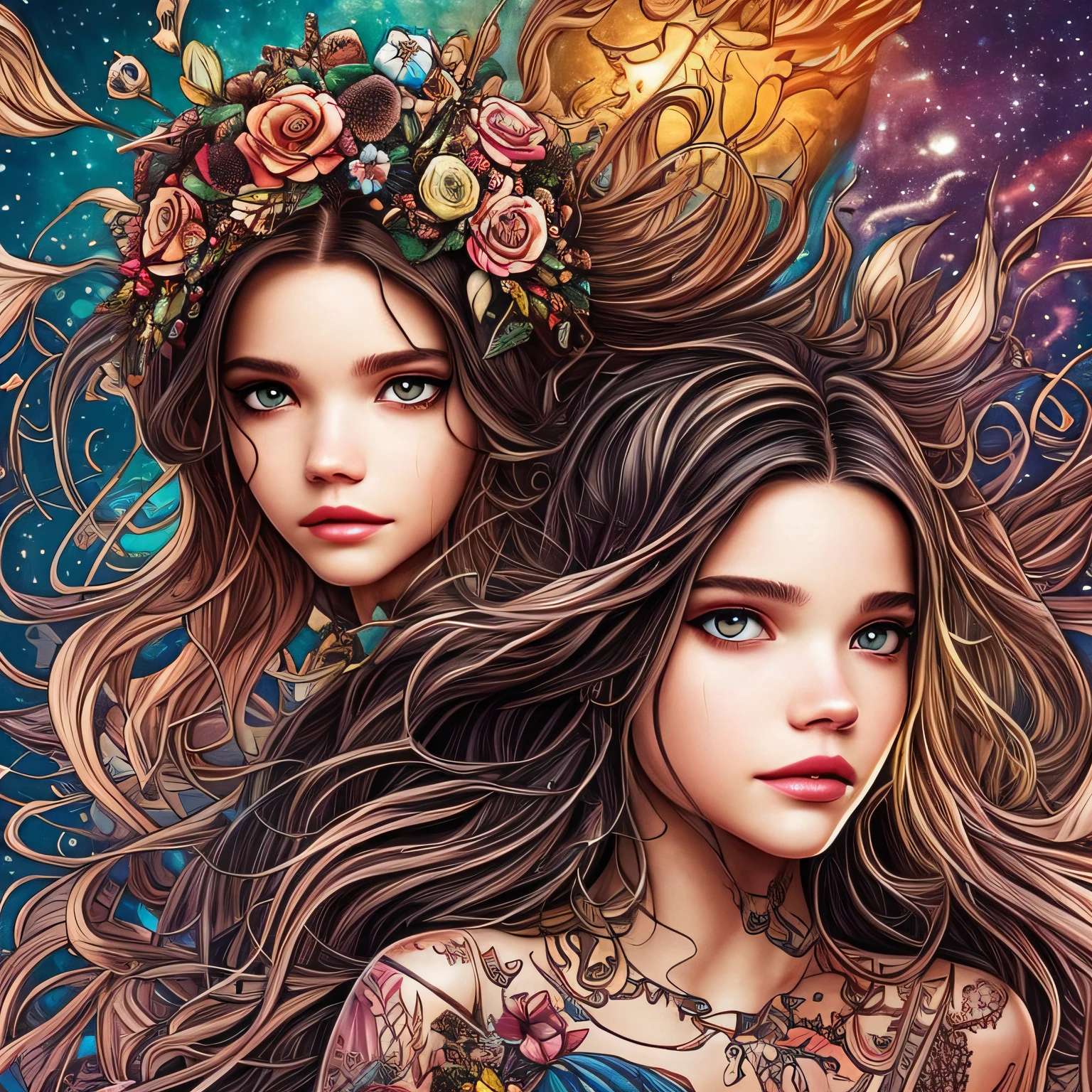 Full-length view, stunning beautiful model (India Eisley), hyper-detailed eyes and face, extreme angle, perfect makeup. Art by Chrissy Zullo, illustrations characterized by a distinct mix of whimsical elements with darker undertones, with predominantly female characters in stylized form with elongated limbs, the work is highly detailed and uses a bold color palette, combining natural and fantastical elements, giving the characters a sense of an otherworldly, dreamlike quality, that captures the imagination and emotions of the audience. --auto