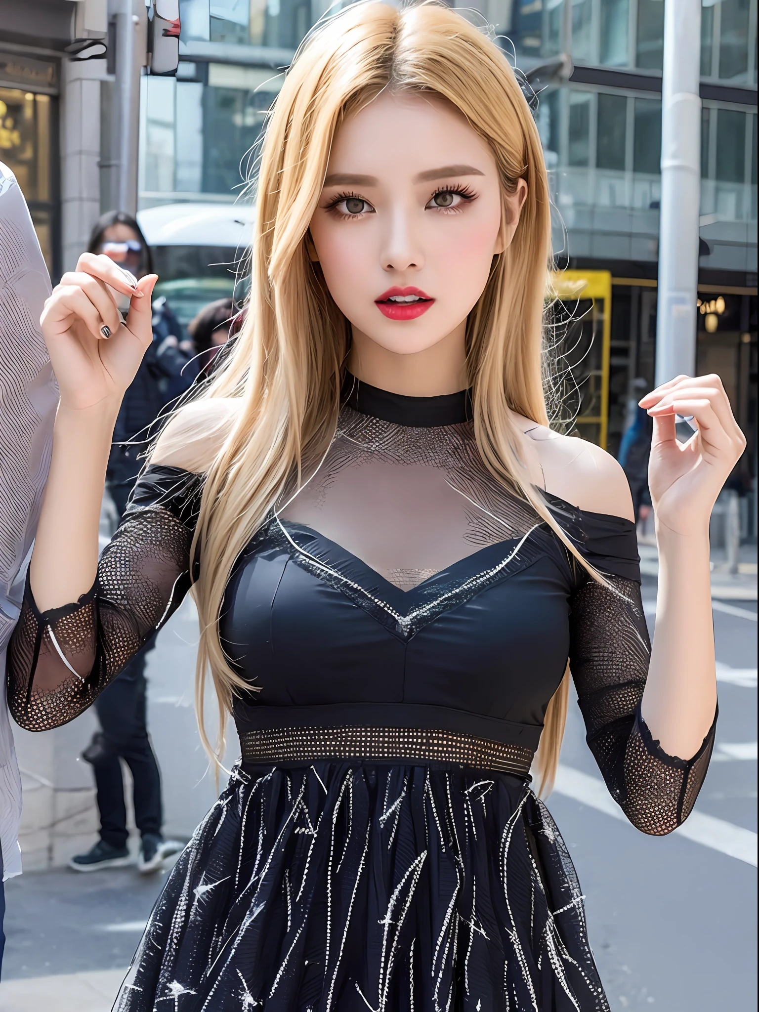 Blonde Hair Girl with Medium Black with Bright Dance Dress Costume Made of Cobwebs Marvel Hero Style spider woman is in the middle of the city Marvel style, Unique and spectacular costume of Marvel-style clothing with cobweb patterns drawn on the blue dress